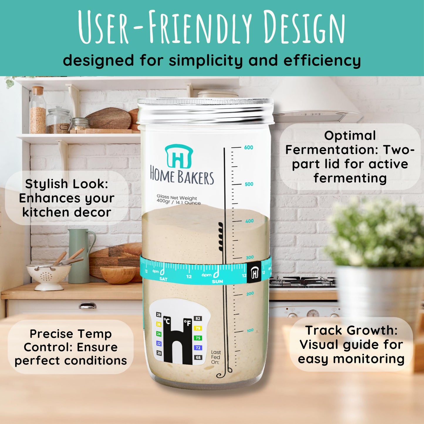 Ameeze Sourdough Starter Kit – 24oz Glass Jar with Feeding Band, Temp Strip, Airtight Lid – Teal, Beginner-Friendly, Model 2024