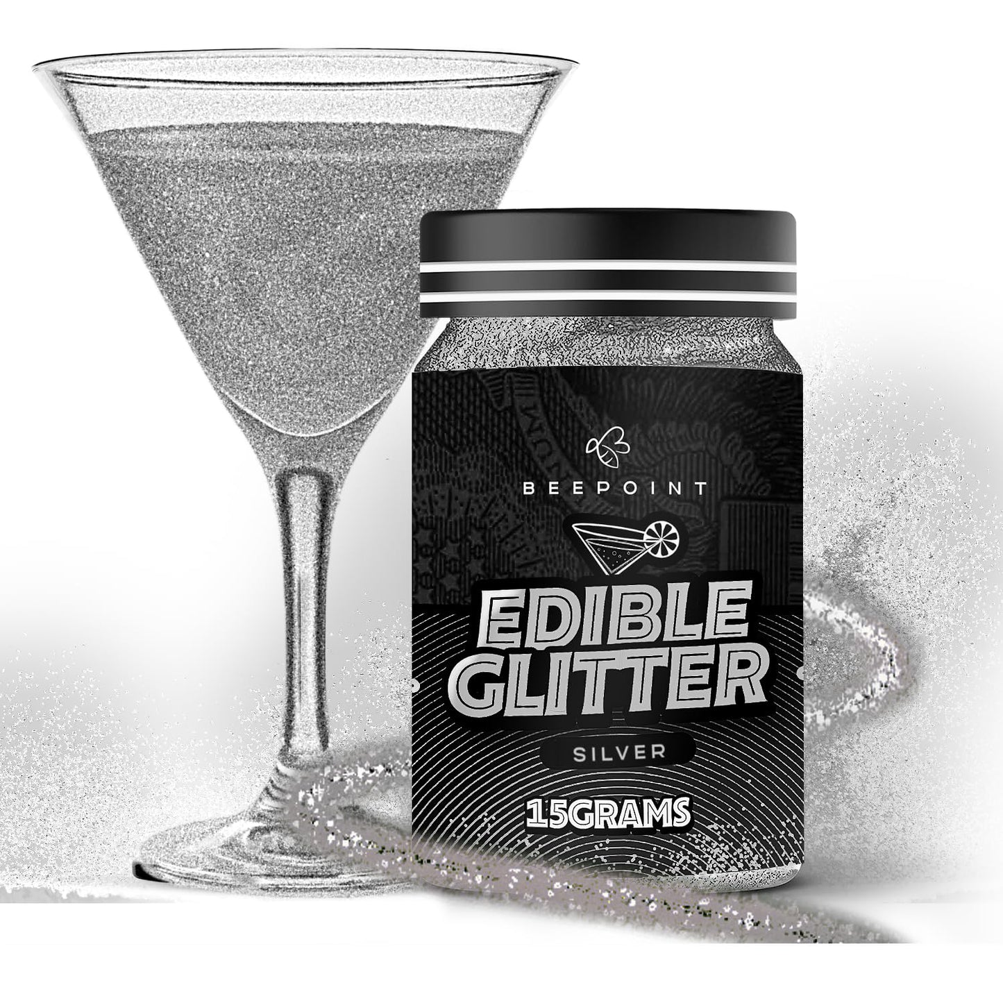 BeePoint Edible Glitter Luster Dust - Food Grade Shimmer Powder for Baking, Cocktails, & Cake Decorating - 15g - Silver