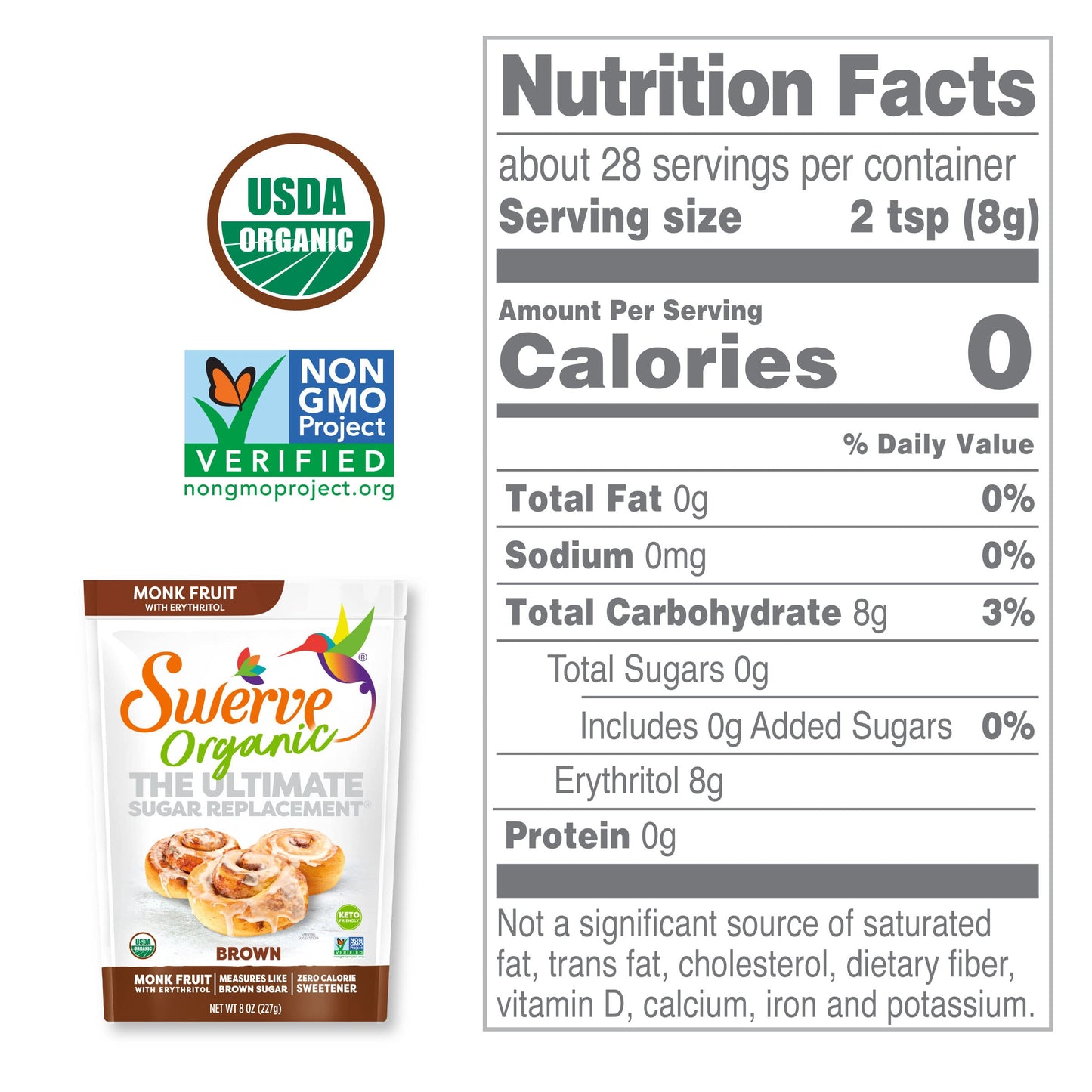 Swerve Organic Monk Fruit Brown Zero Calorie Sweetener, Plant-Based, Kosher, Keto Friendly, Usda Certified Organic, Gluten Free & Non-Gmo, 8 Ounce