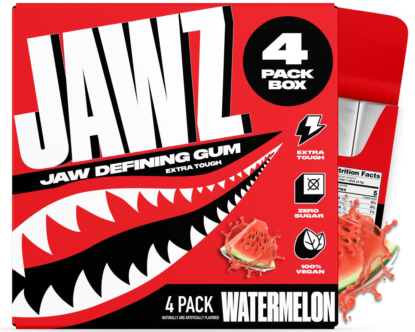 Jawz Gum Jawline Chewing Gum, 4 Pack Box, Watermelon, Face Slimming and Toning, Sugar Free