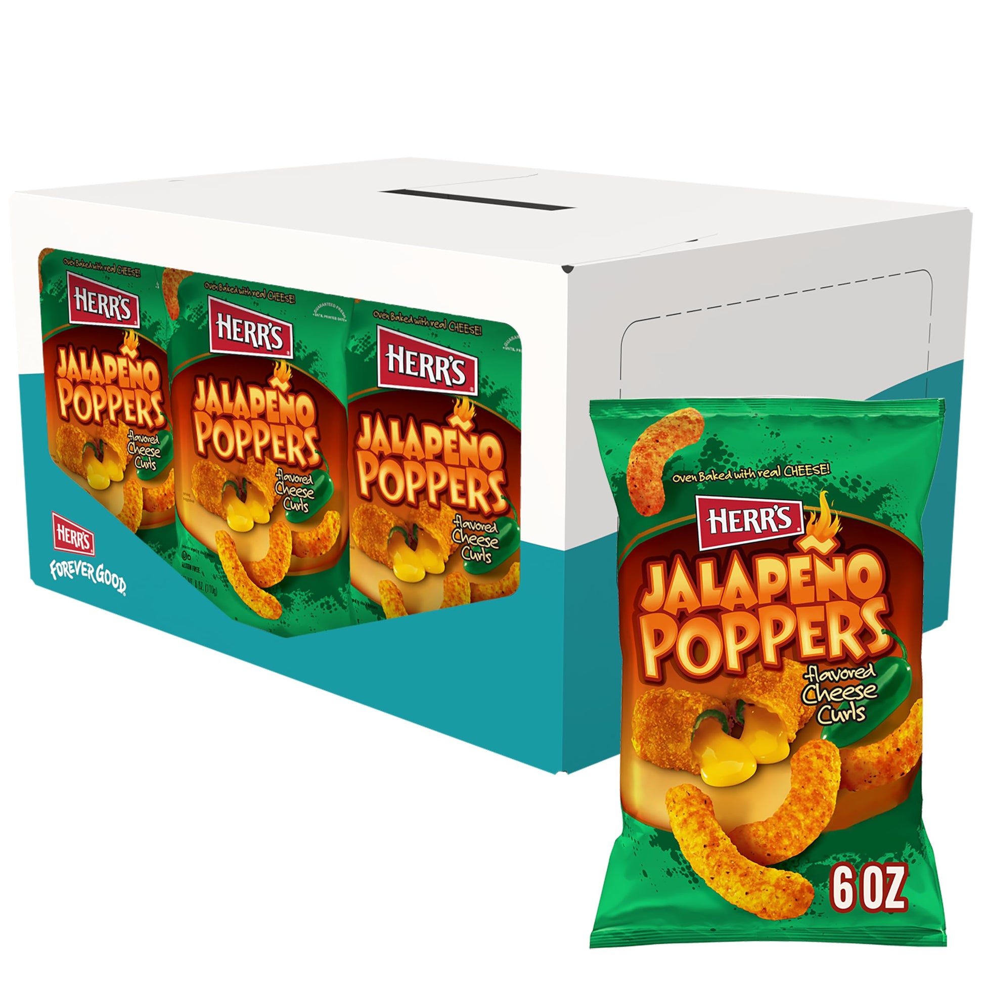 Herrs Jalapeno Poppers Flavored Cheese Curls, Gluten Free Snacks, 6oz Bag (12 Count)