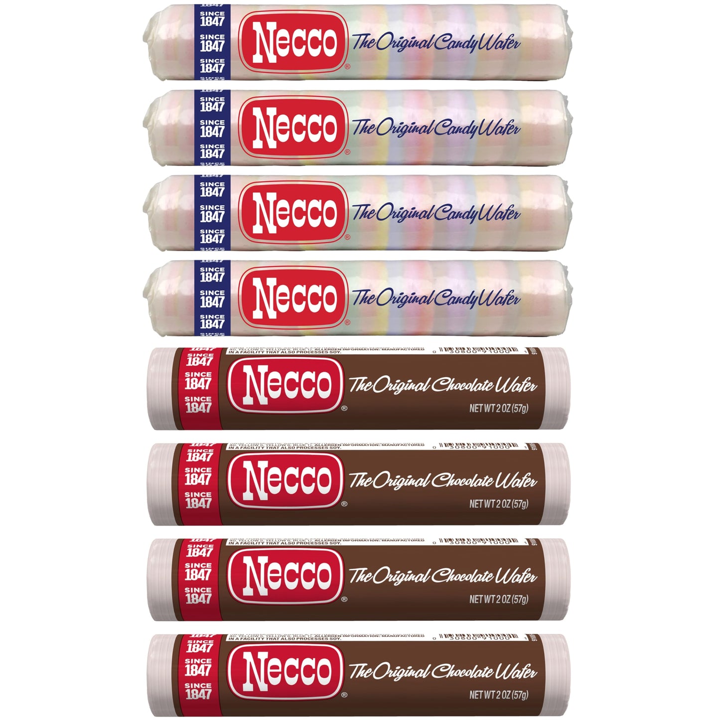 Necco Wafers Candy Variety Pack, 8 Pack (2 Ounce Rolls Each), 4 Rolls of Chocolate and 4 Rolls of Original Flavors