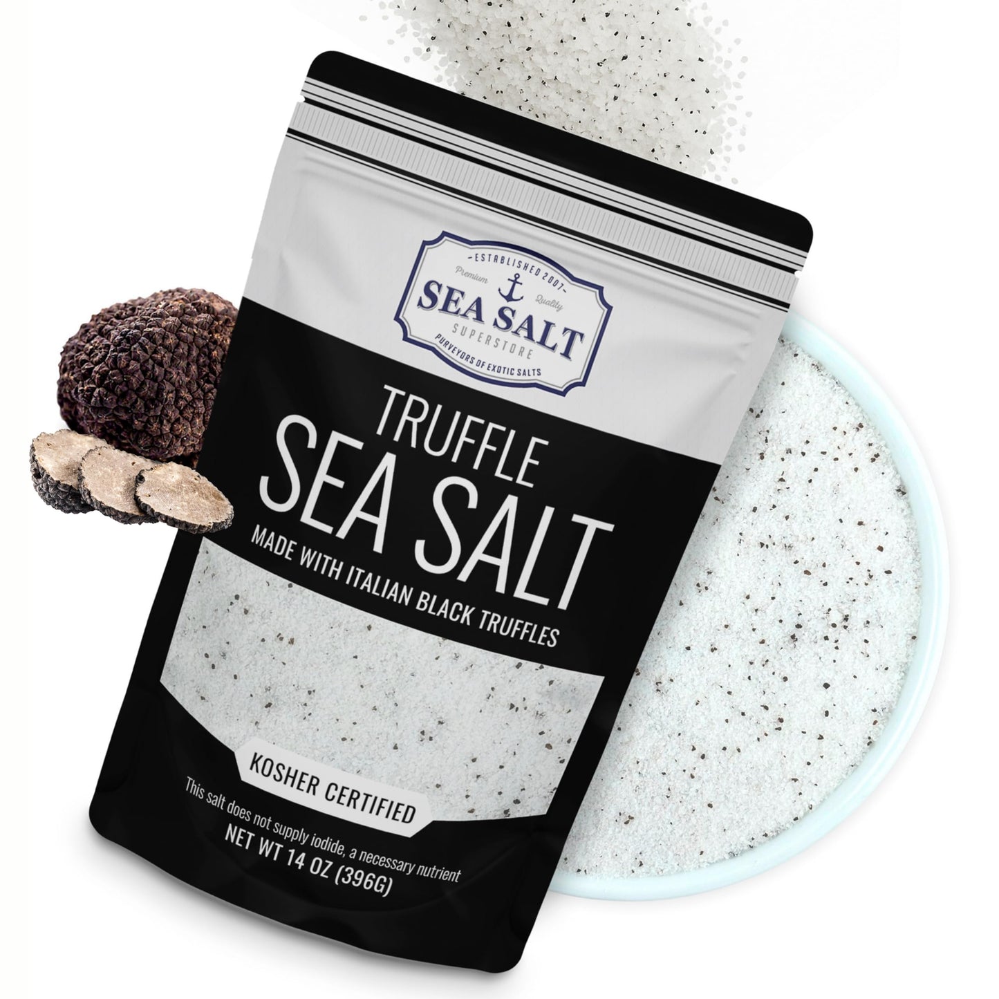 Italian Black Truffle Sea Salt  Natural Black for Soups and Sauces  Smooth & Rich Truffle Infused Gourmet Salt  14 oz Bag  Caravel Gourmet