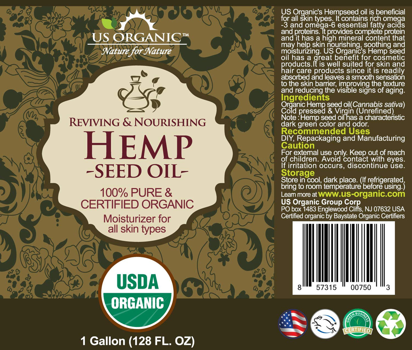 US Organic Hemp Seed Oil, Certified Organic, Pure & Natural, Cold Pressed Virgin, Unrefined, Size for DIY and small manufacturer
