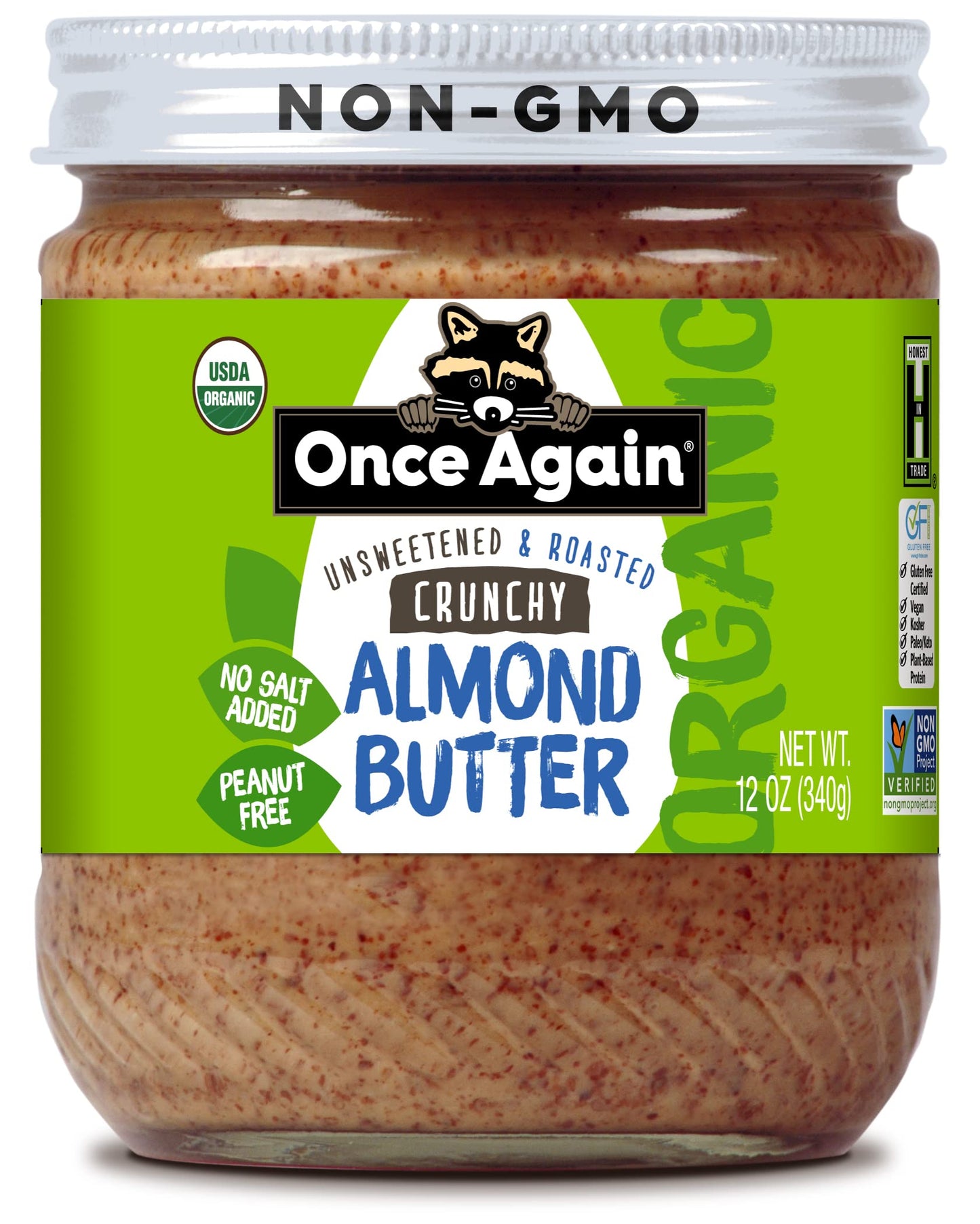 Once Again Organic Crunchy Almond Butter, 12oz - Roasted - Salt Free, Unsweetened - USDA Organic, Gluten Free Certified, Peanut 