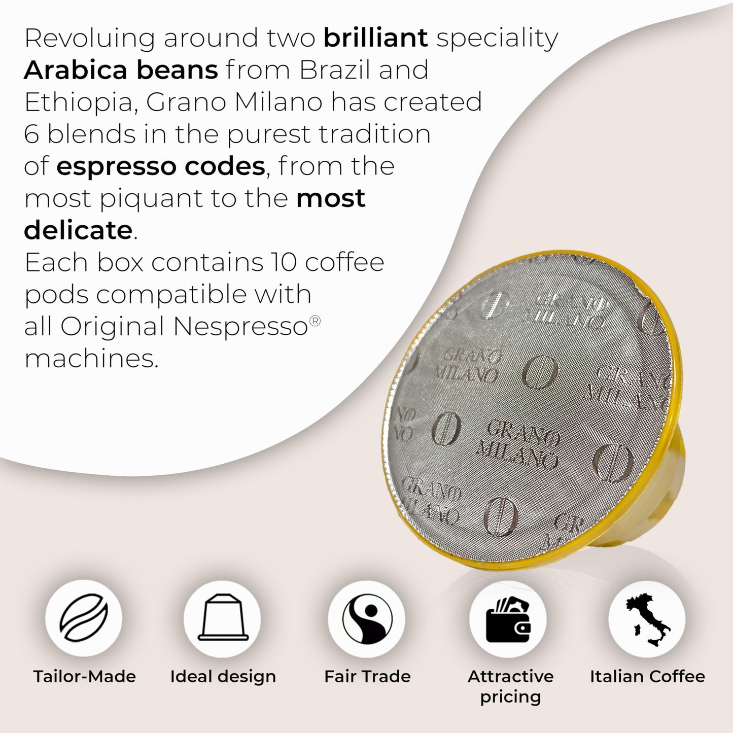 Grano Milano Espresso Pods - 100% Arabica Medium Roast, Compatible with Nespresso Original, Pack of 50, Intensity 8/12