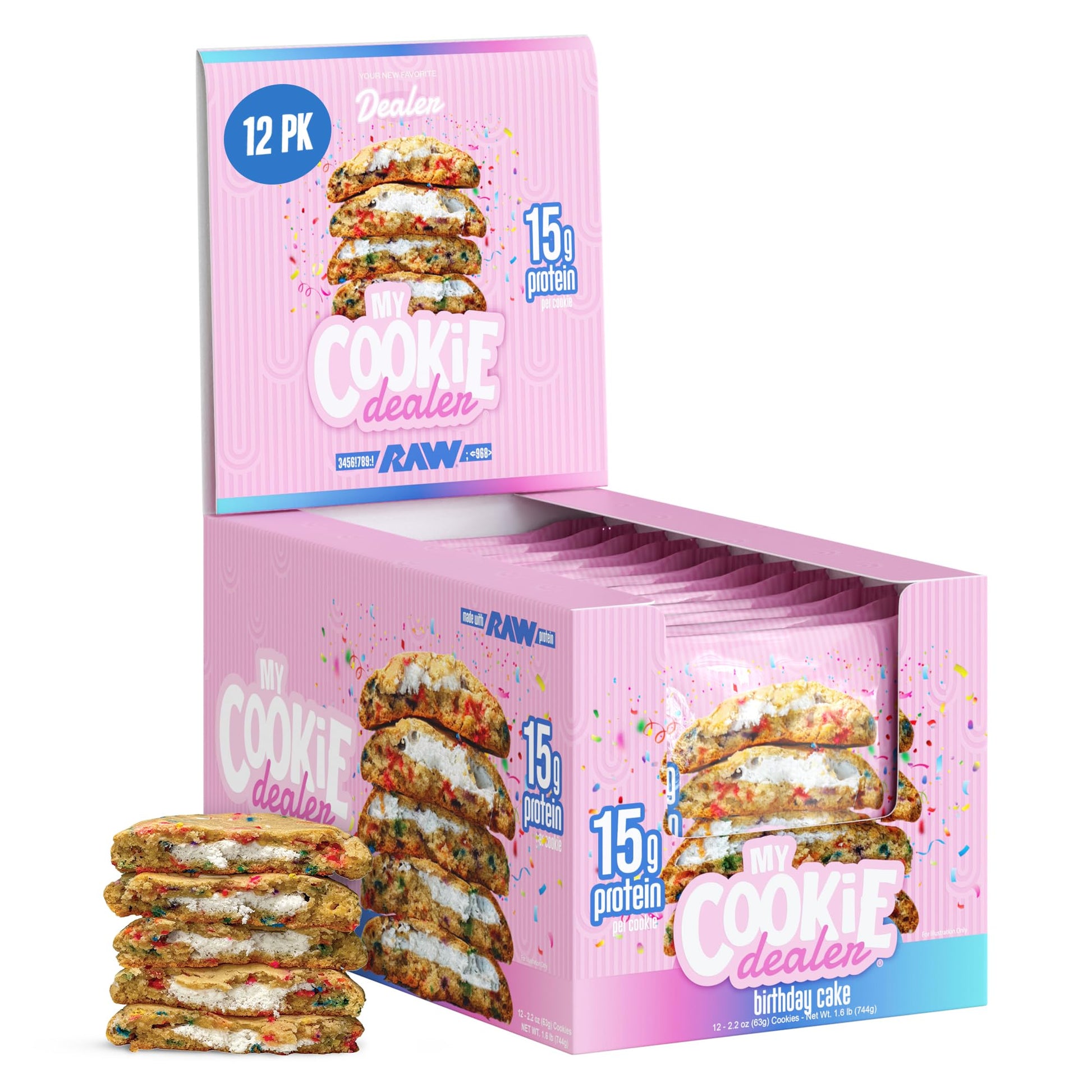 My Cookie Dealer Protein Cookies, Birthday Cake (2.2oz, Pack of 12) - 15g Protein per Cookie - Individually Wrapped Workout Snac