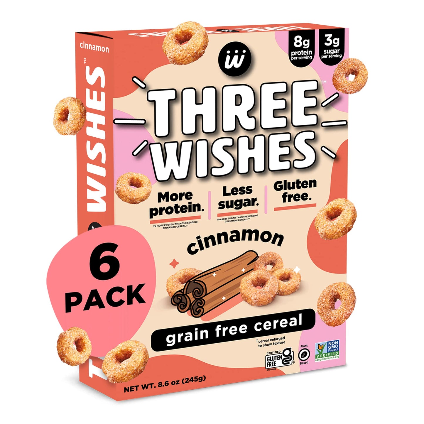Plant-Based and Vegan Breakfast Cereal by Three Wishes - Cinnamon, 6 Pack - More Protein and Less Sugar Snack - Gluten-Free, Gra