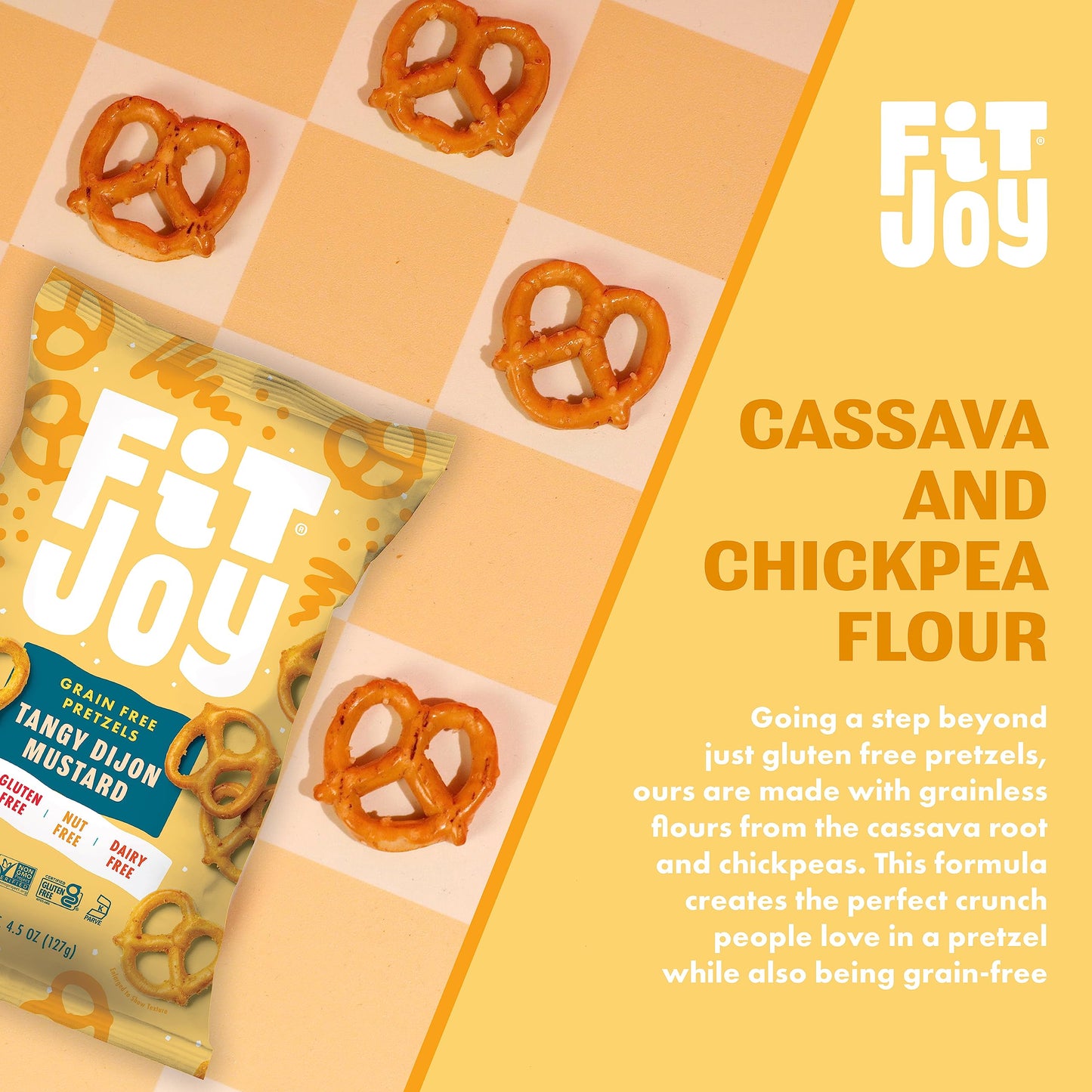 FitJoy Tangy Dijon Mustard Pretzels (Pack of 6, 4.5 Oz) - Dairy, Nut & Gluten Free Snacks - Grain Free Cassava Root & Chickpea F