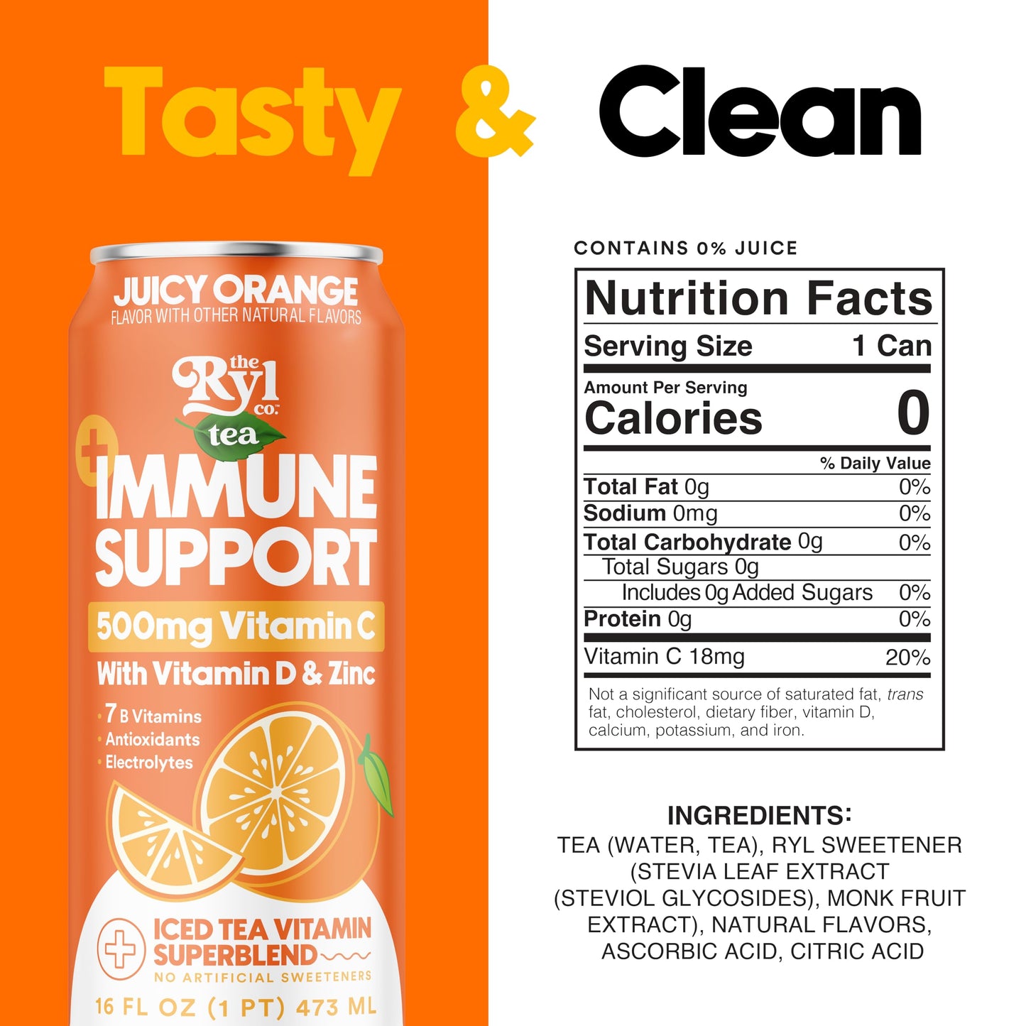 The Ryl Co Ryl Immune Support Iced Tea, Juicy Orange, 500mg Vitamin C, Zero Sugar, 16 Fl Oz (12-Pack)