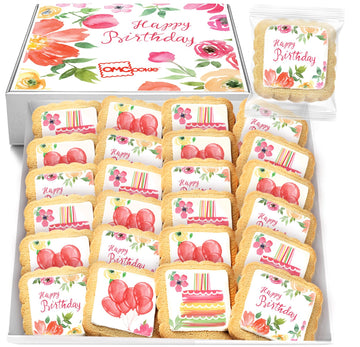 Happy Birthday Cookies Party Favors For Women Girls Her | Individually Wrapped | Bulk 24 Pack | Decorated Sugar Cookie Floral Flowers | Gift Basket Peanut & Tree Nut Free