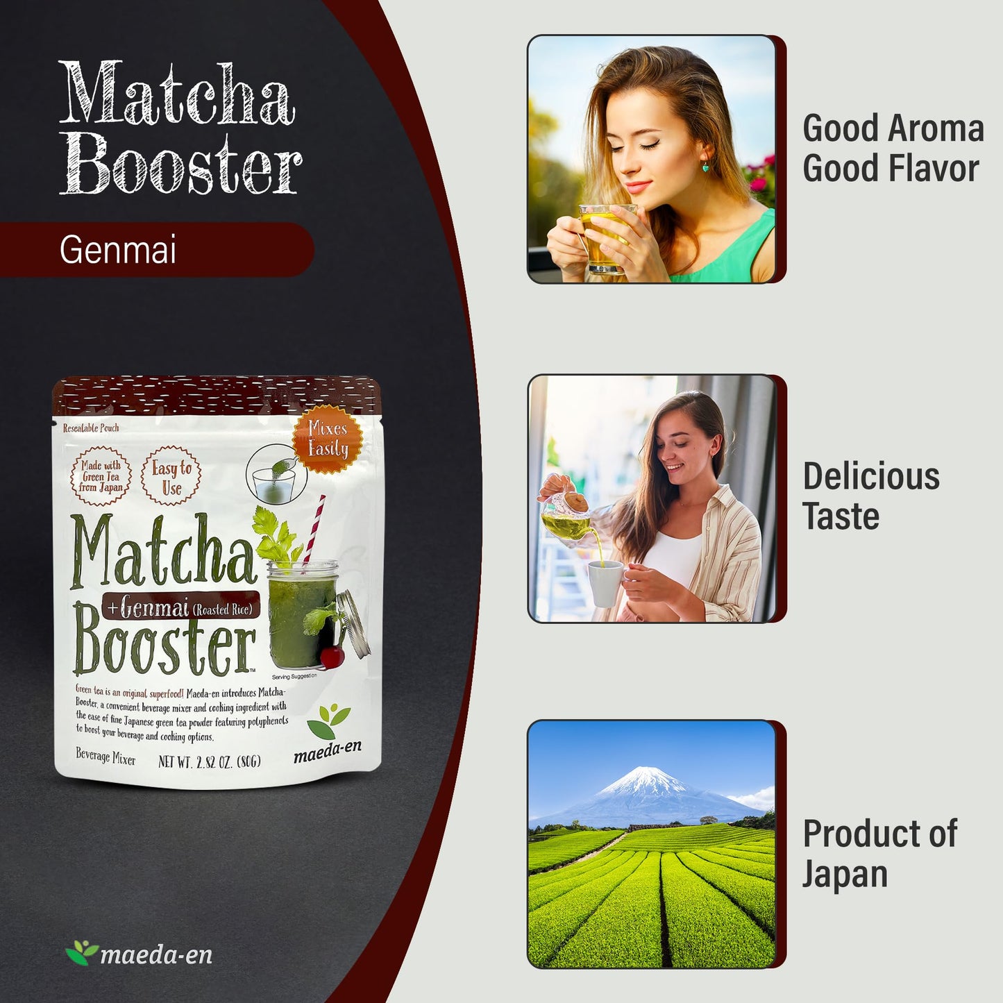 Maeda-En Matcha Booster Genmai Roasted Rice Green Tea Powder 80G Japanese Origin Resealable Pouch For Latte Smoothies And Baking