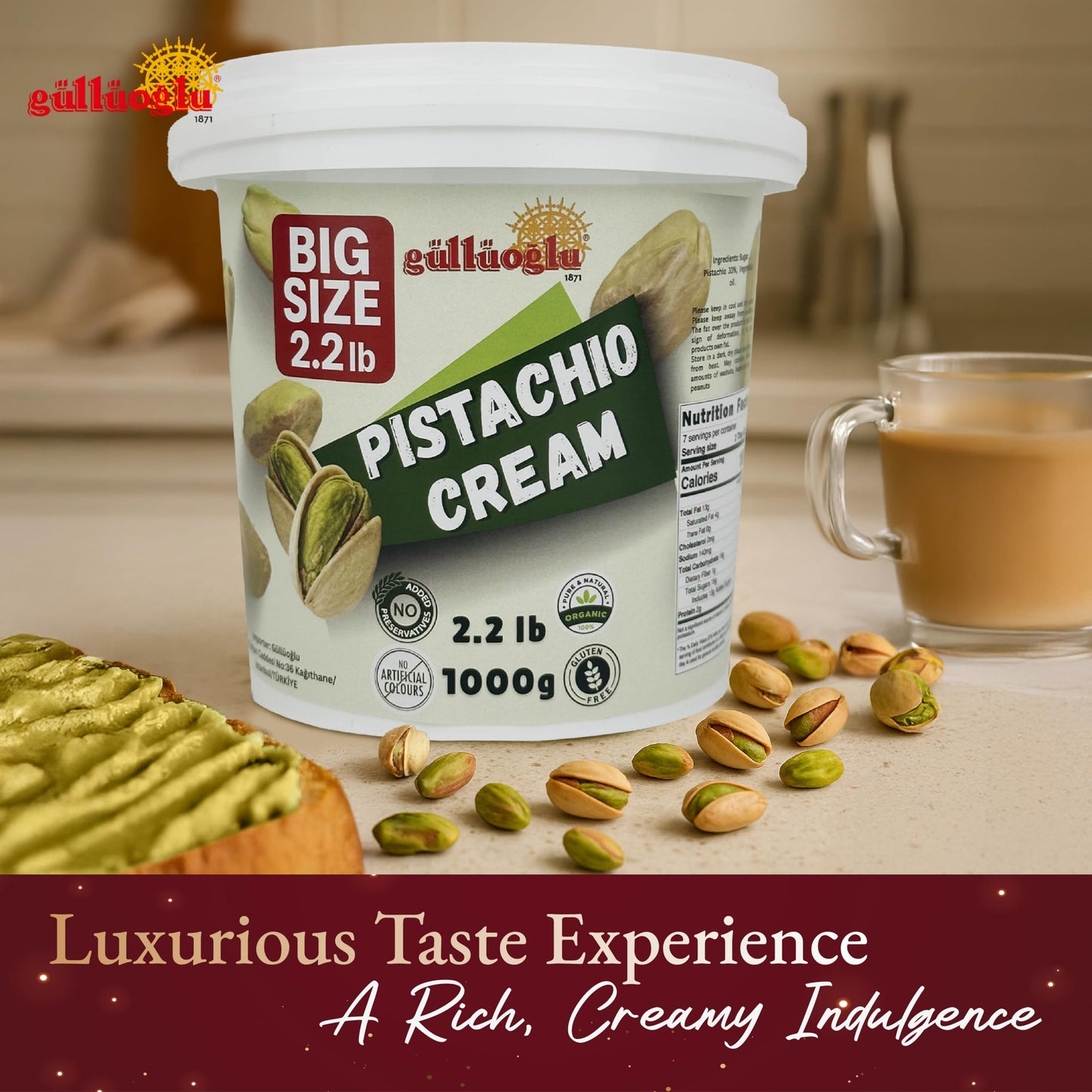 Pistachio Cream Bulk Tub - 2.2lb / 1 kg Gulluoglu enhanced Cream For Dubai Chocolate  Best options Pistachio Butter  Perfect Taste For Dubai Chocolate 35.2 ounce