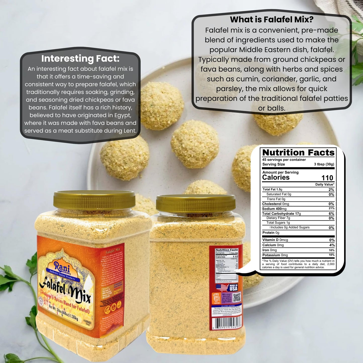 Rani Falafel Mix - Chickpeas & Spices Blend, 48oz (3lbs), Gluten Friendly, NON-GMO, Kosher, Product of USA