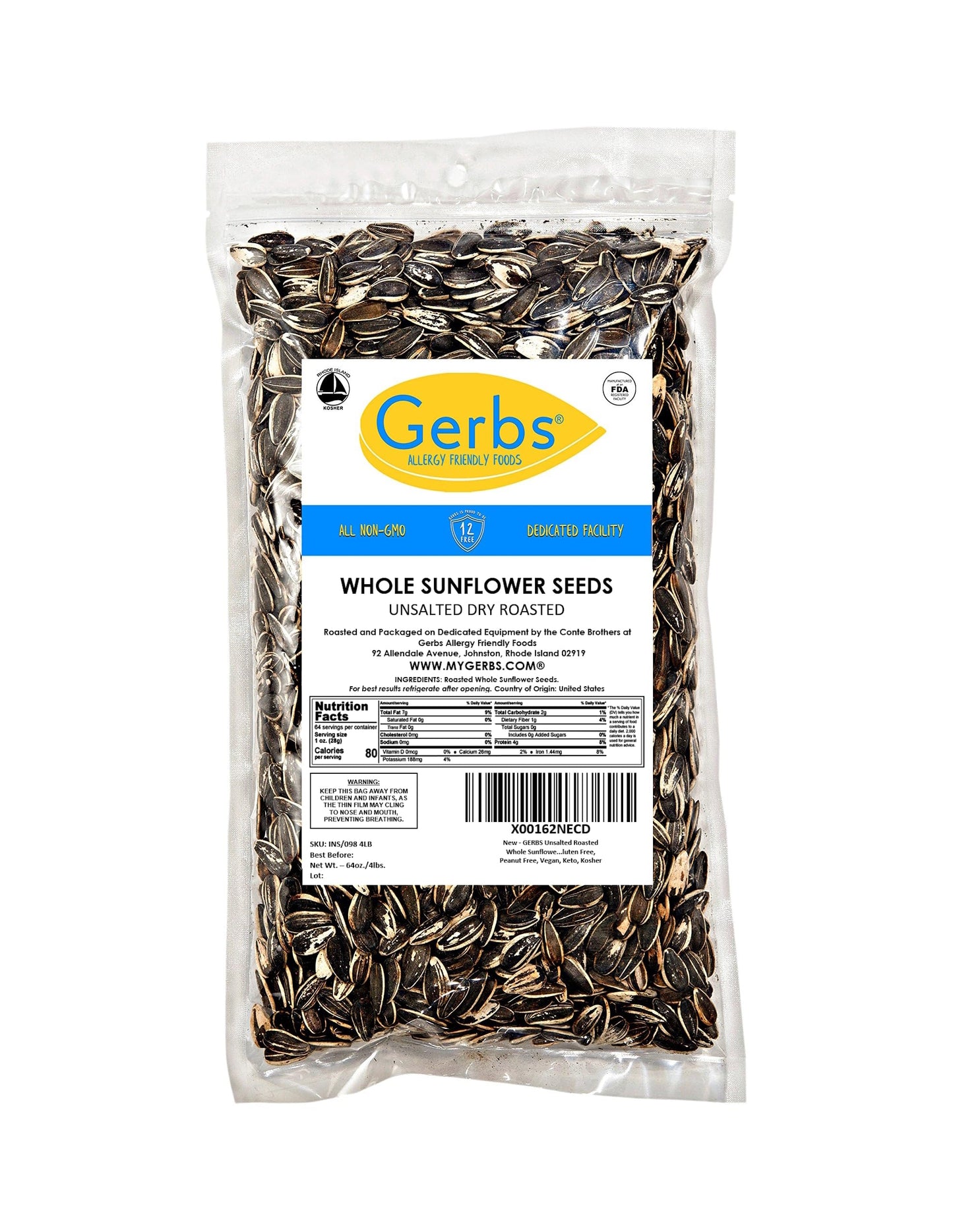 GERBS Unsalted Sunflower Seeds in Shell - Dry Roasted, Non-GMO, Allergen-Free - 4 lbs