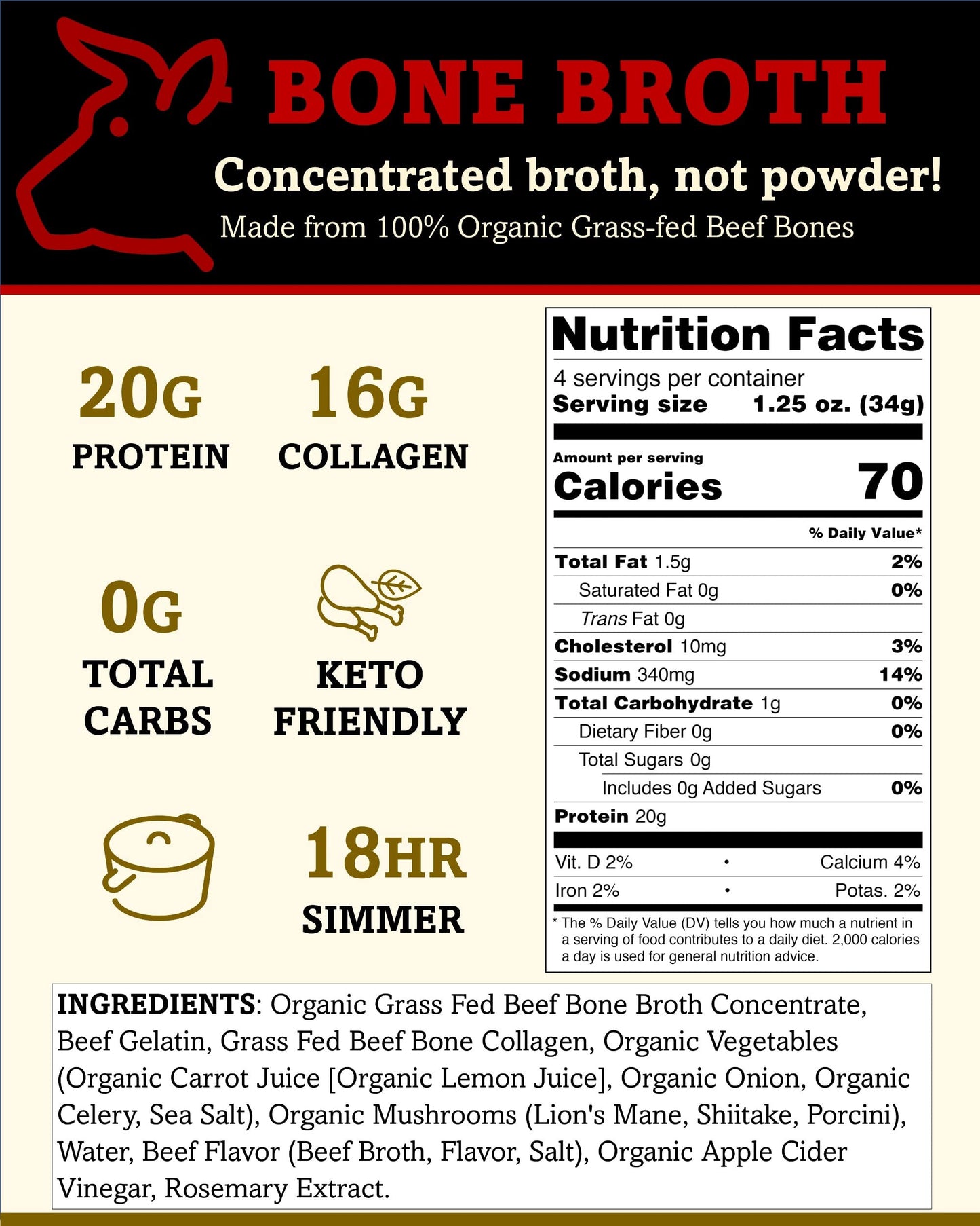 Brite Start Bone Broth - Beef + Mushrooms - Porcini, Shitake, Lions Mane - 12 Count - Keto Friendly Concentrate -16G Collagen 20