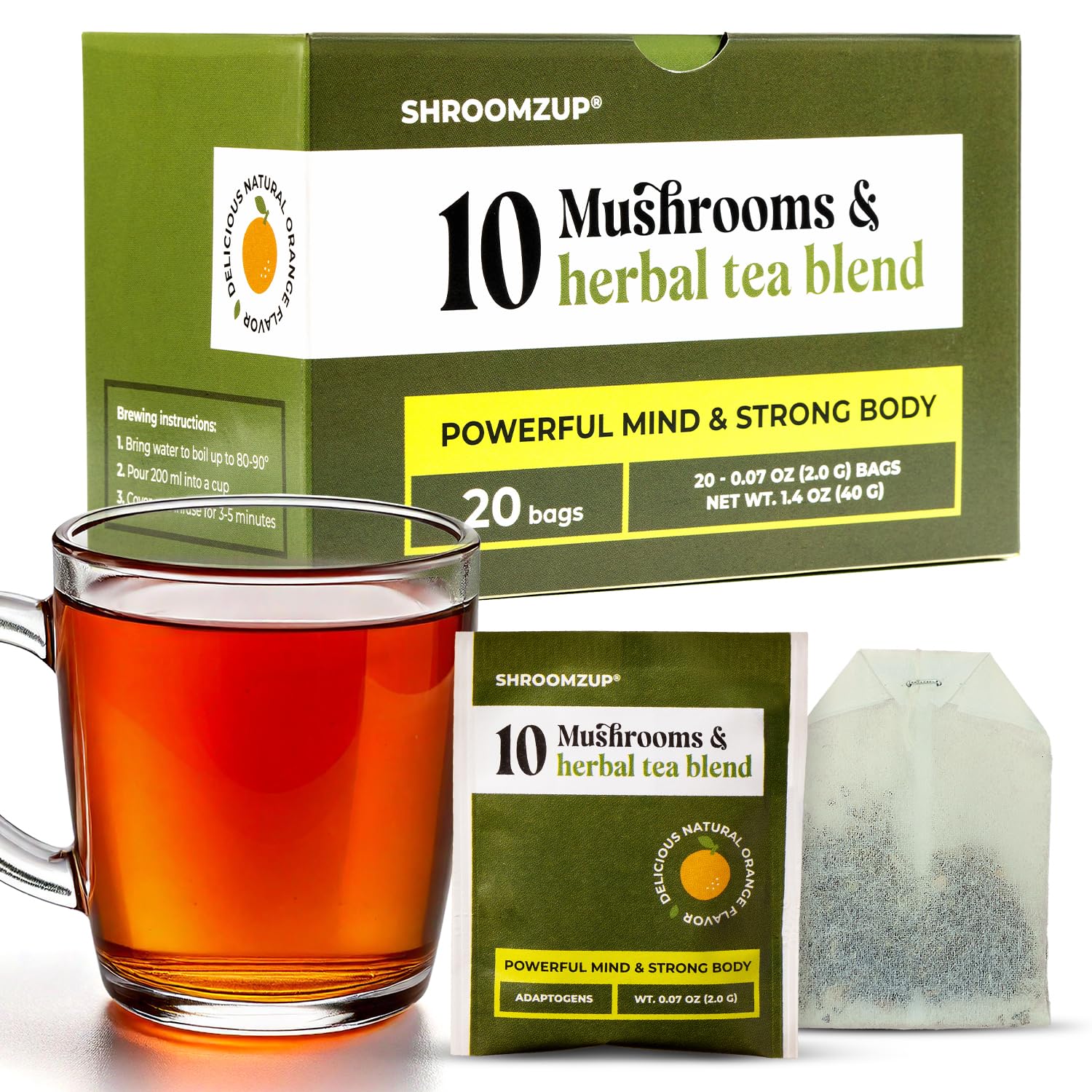 20 In 1 Mushroom Tea With Lions Mane  Ashwagandha  Cordyceps  Reishi  Chaga  Flavor Blendkgo Biloba  Green Tea For Playter Energy And Focus - Energy Blend Free Adaptogenic Tea For Wellness - 20 Tea Bags