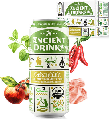 ANCIENT DRINKS Apple Cider Vinegar Beverage with Electrolytes & Probiotics, Mint & Chili, 16 fl oz, Pack of 12 Cans