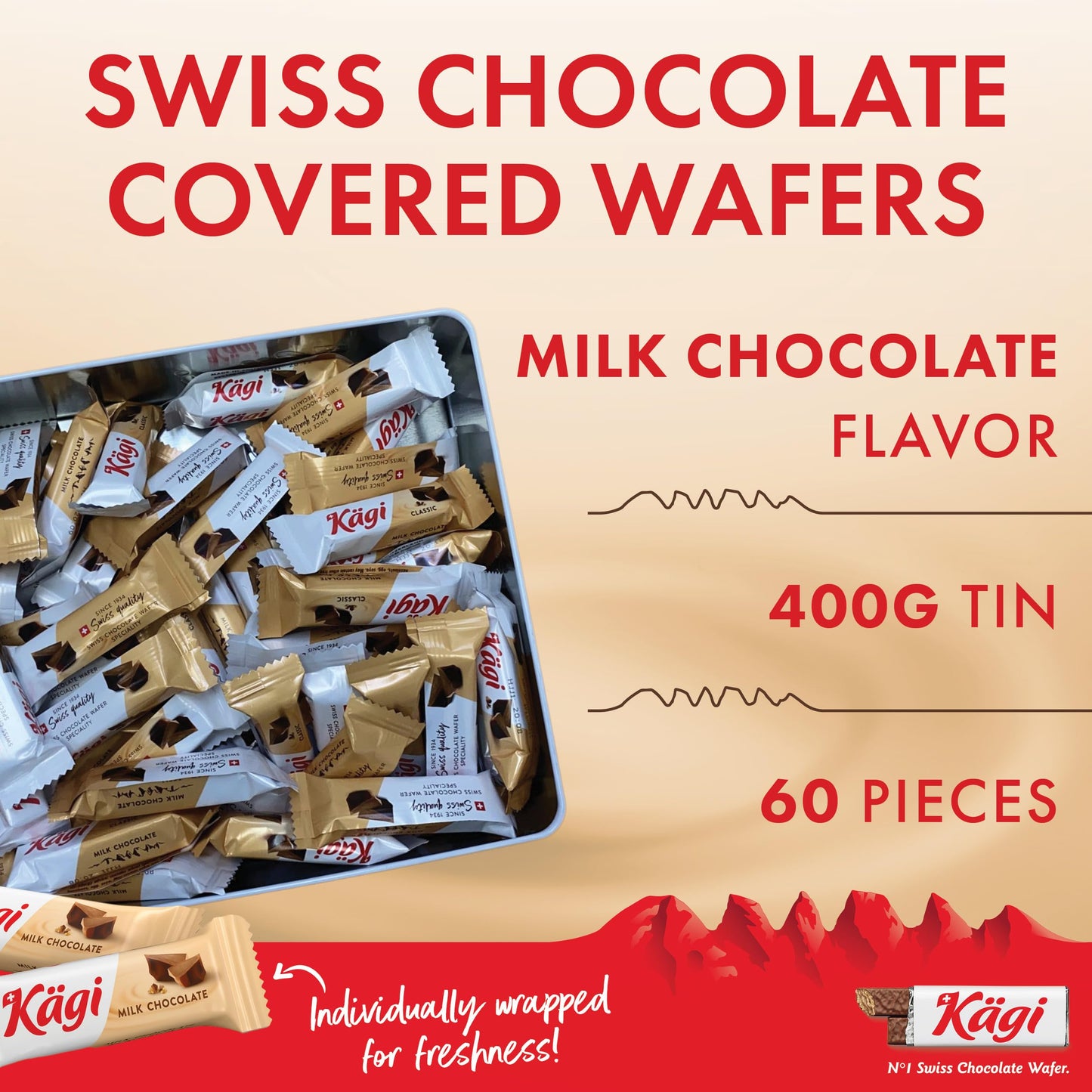 Kägi Swiss Milk Chocolate Covered Wafers, Crispy  , Individually Wrapped, 400g Tin