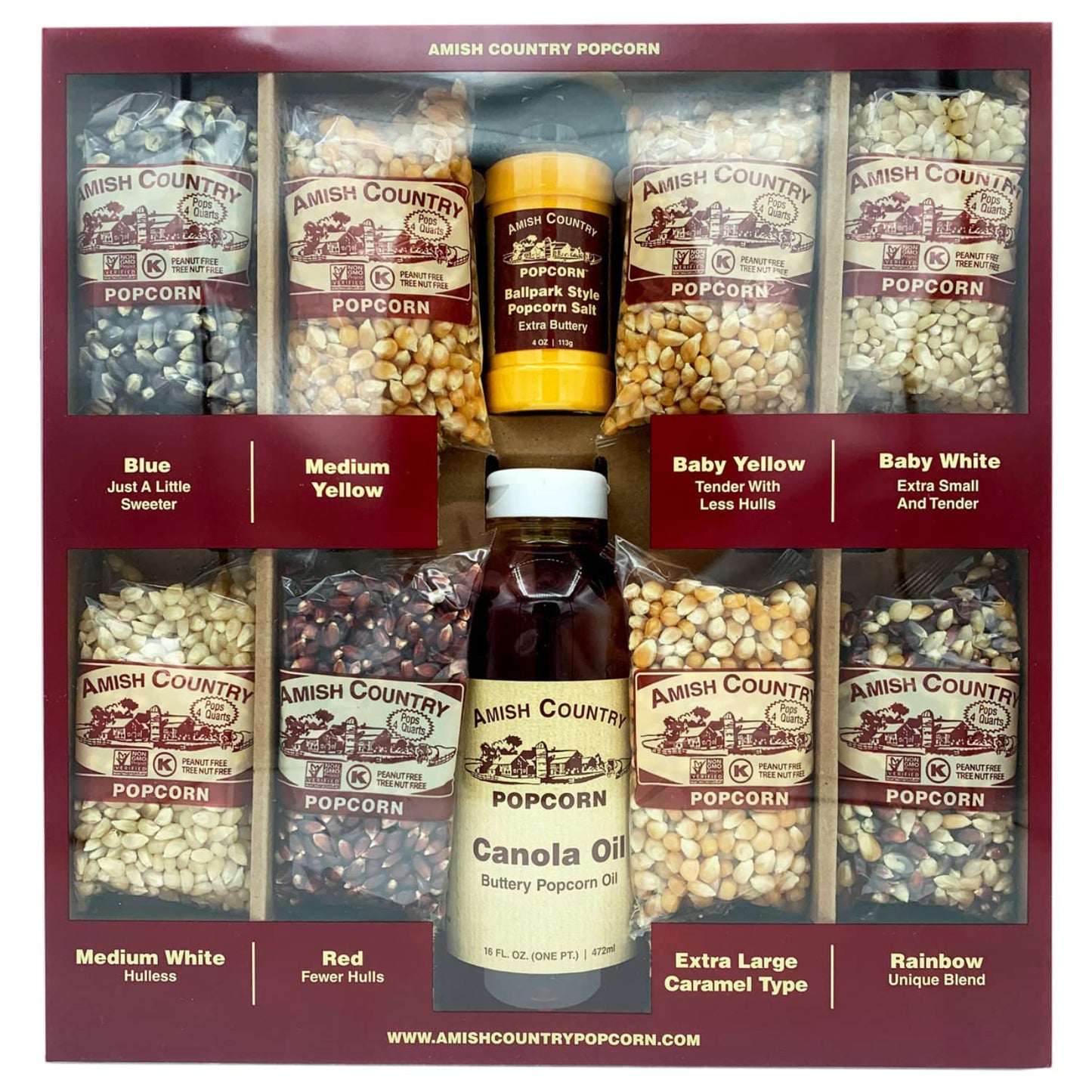 Amish Country Popcorn | 8-4 oz Bags | Stovetop Popping Sampler Pack with Canola Oil - 16 oz and BallPark ButterSalt - 4.5 oz | O