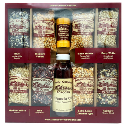 Amish Country Popcorn | 8-4 oz Bags | Stovetop Popping Sampler Pack with Canola Oil - 16 oz and BallPark ButterSalt - 4.5 oz | O