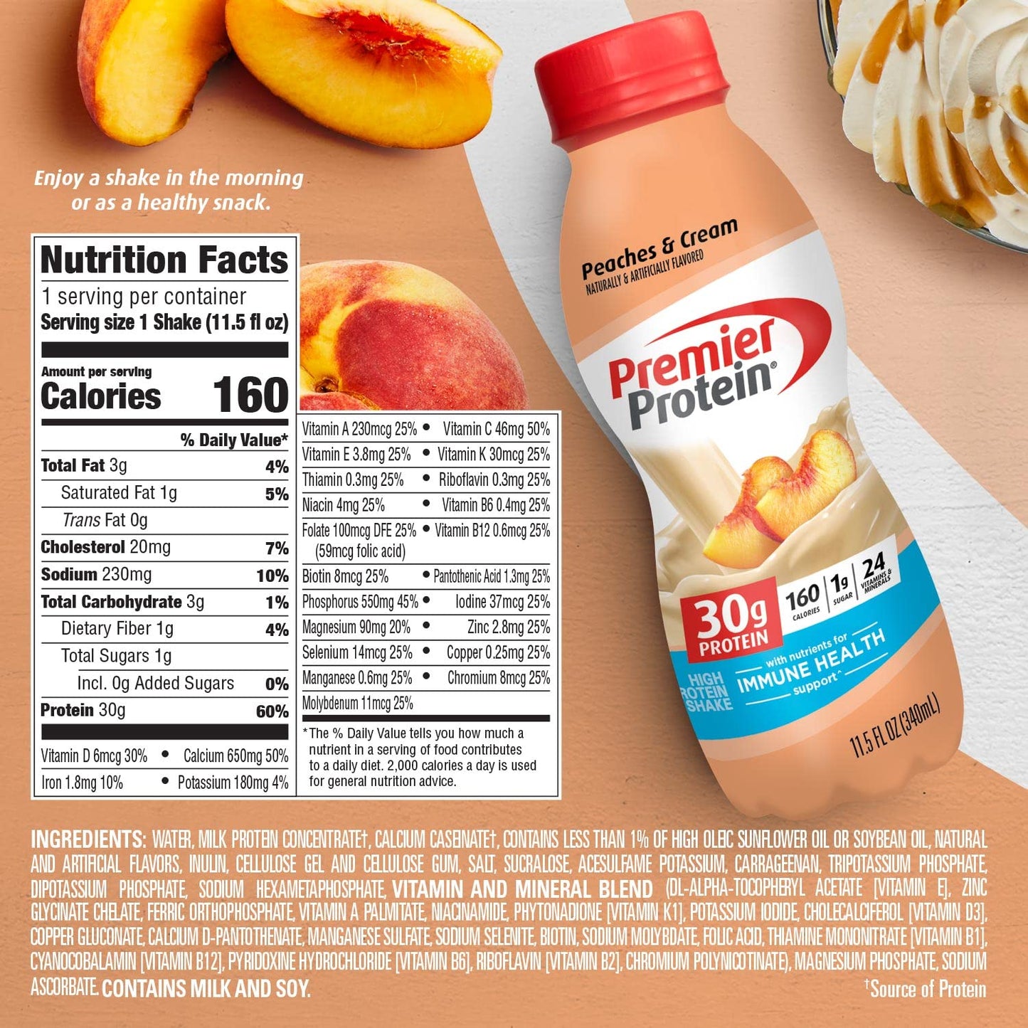 Premier Protein Shake, Peaches & Cream, 30g Protein, 1g Sugar, 11.5 fl oz, Pack of 12