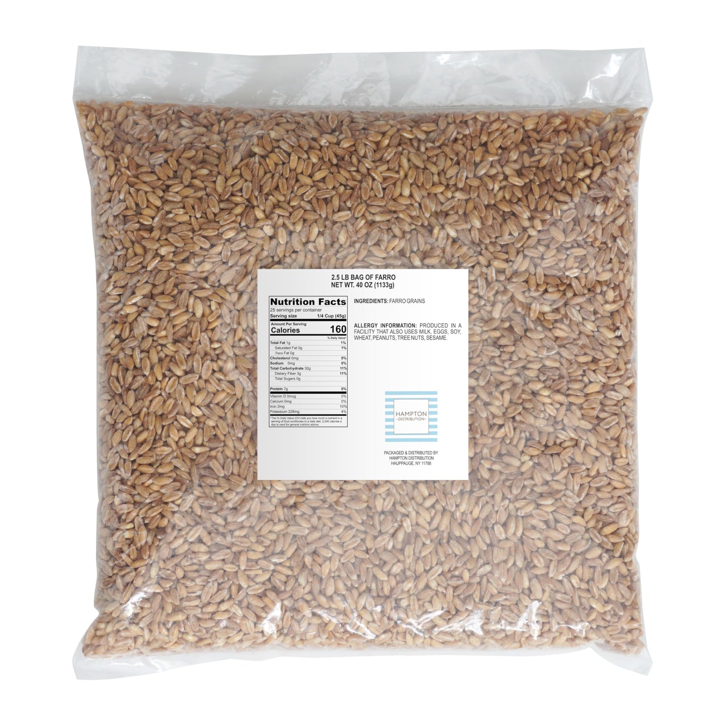 Hampton Distribution Farro Bulk Bag, 2.5 Pound, Good Source of Dietary Iron, Fiber, and Protein, Brown