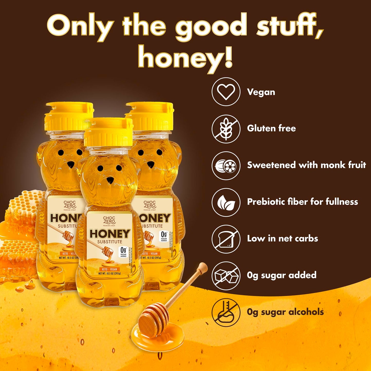 ChocZero Sugar Free Honey, 1:1 Natural Honey Equivalent, Same Sweetness and Consistency as Raw, Keto Friendly, Vegan (1 Jar, 10.