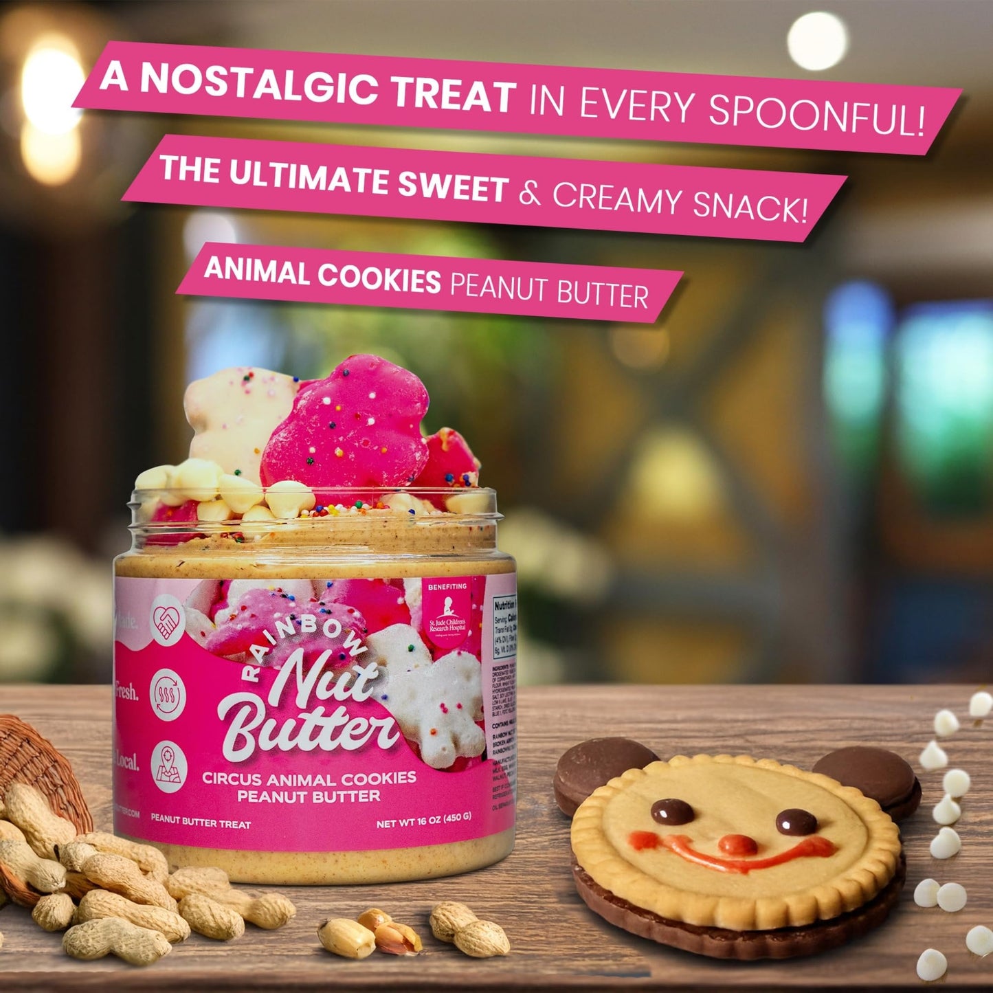 Rainbow Nut Butter, Animal Cookies Peanut Butter, Spread, Treat, Snack, Dessert, White Chocolate Chips, High Protein Flavored Nu