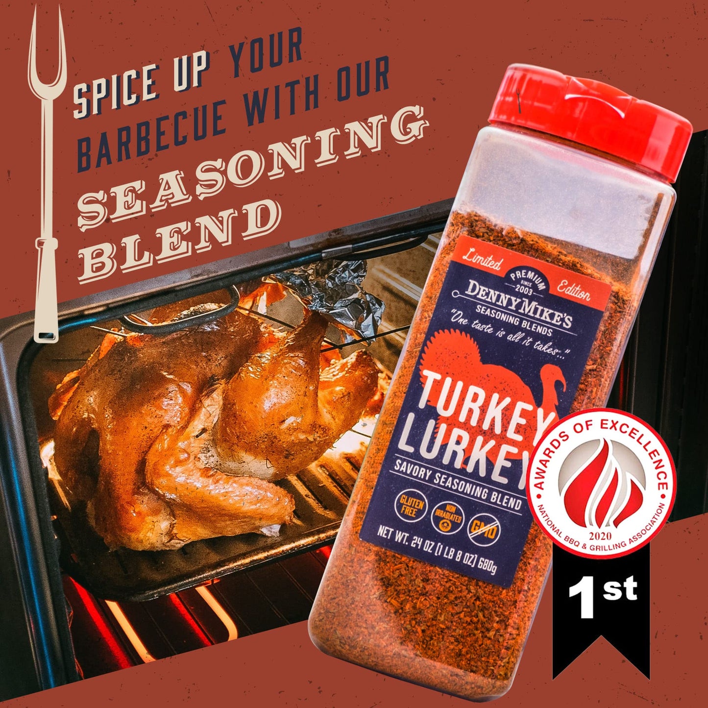 DennyMikes Turkey Lurkey Poultry Seasoning BBQ Rub, Low Sodium, Gluten-Free, 24 oz