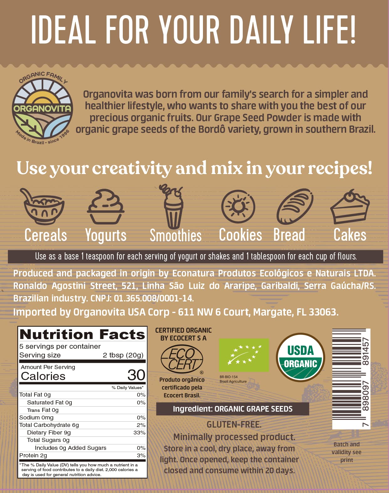 ORGANOVITA Organic Powder, 3.52 Oz - Gluten-Free, High Fiber, Antioxidant-Rich Blend for Smoothies & Baked Goods - Cold-Pressed Ingredients