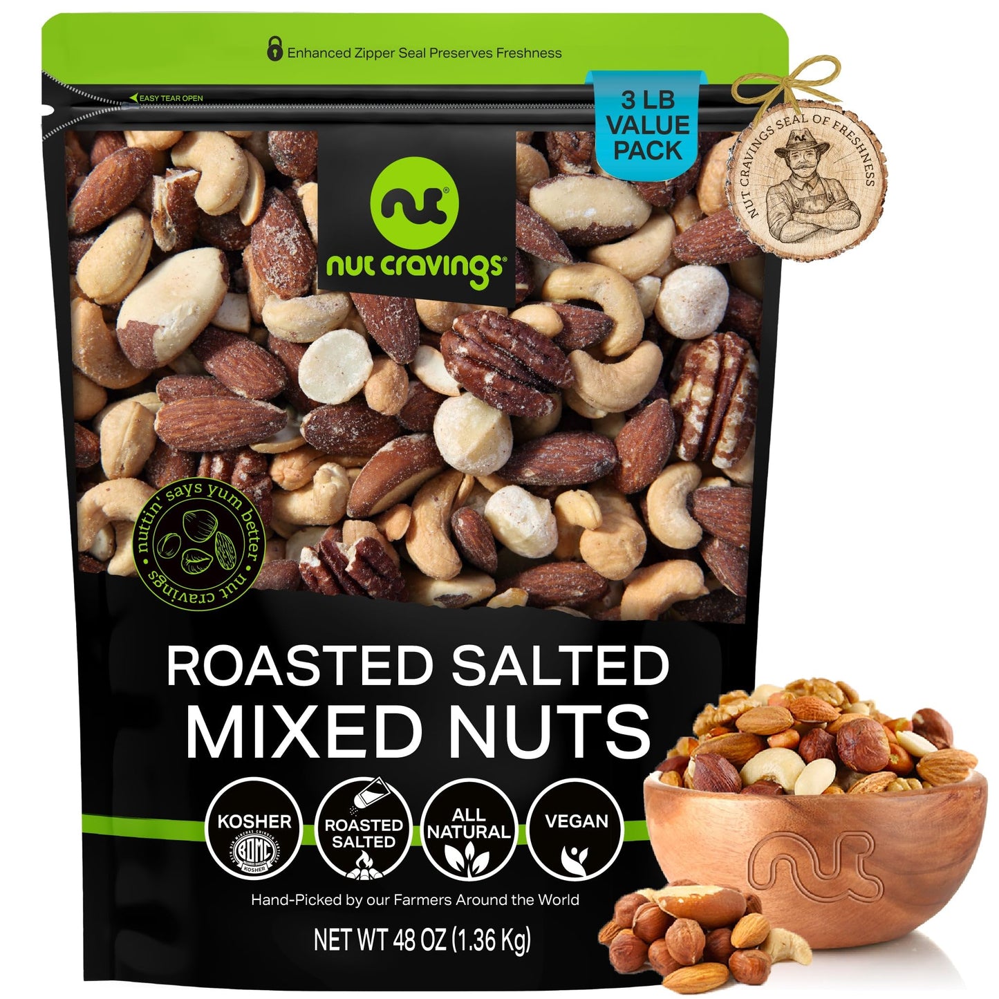 Nut Cravings Roasted & Salted Mixed Nuts - Brazil, Pecan, Almond, Hazelnut, Cashew - 48oz (3 LB) Resealable Bag
