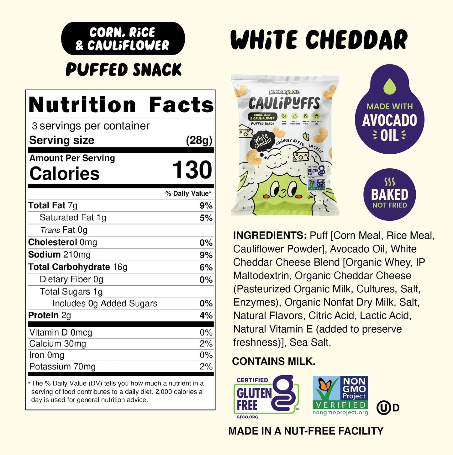 CauliPuffs - Corn, Rice, and Cauliflower Gluten Free Puffed Snack (5 x 3.0oz Bags, White Cheddar)