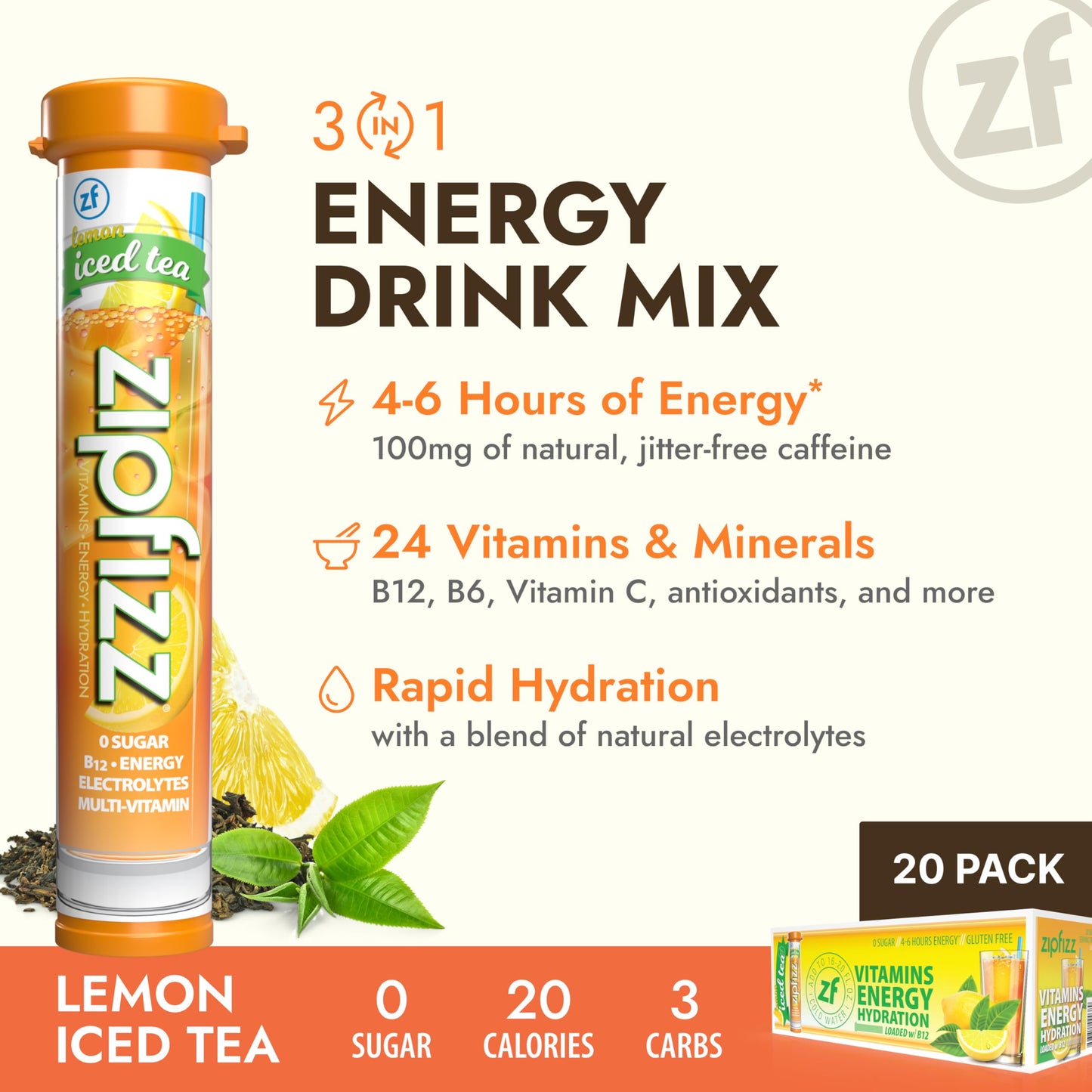 Zipfizz Daily Energy Drink Powder, Sugar-Free Electrolyte Powder, 20 Pack, 0.39 Ounce Each, Lemon Iced Tea, Model 20LITEA