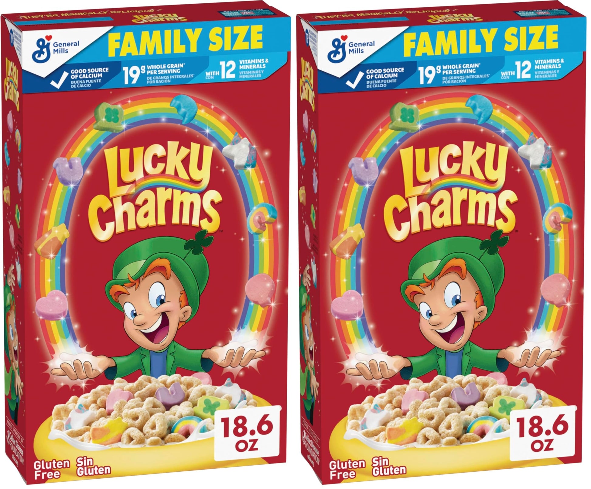 Lucky Charms Cereal with Marshmallows, Gluten Free Cereal Made with Whole Grain, Family Size, 18.6 oz (Pack of 2)