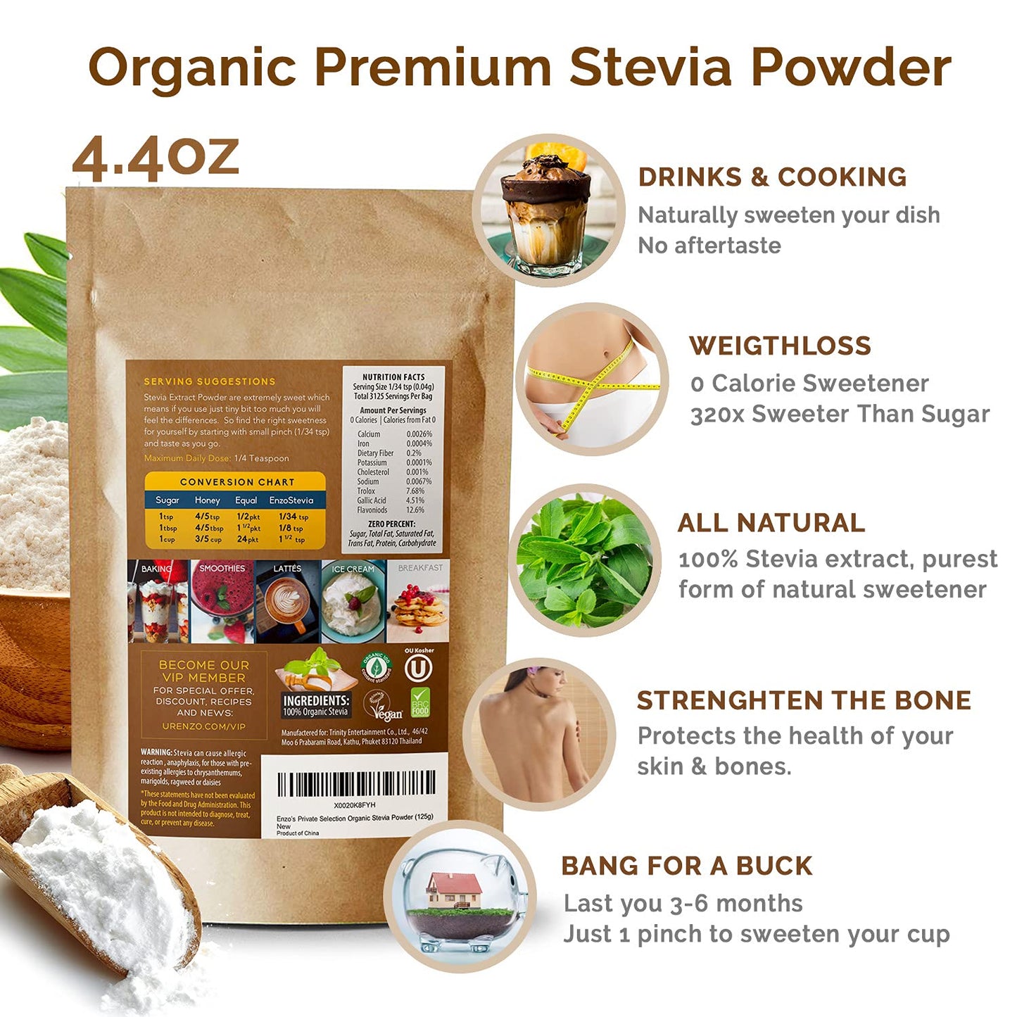 Enzo Organic Stevia Powder 125G (4.4Oz / 3125-Servings) - Enhanced Usda Certified All Natural Alternative-Sweetener 320X Sugar Free Non-Gmo 0 Calories Vegan No Aftertaste Kosher
