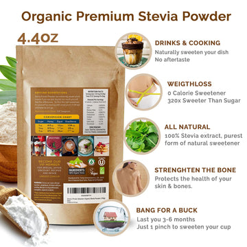 Enzo Organic Stevia Powder 125G (4.4Oz / 3125-Servings) - Enhanced Usda Certified All Natural Alternative-Sweetener 320X Sugar Free Non-Gmo 0 Calories Vegan No Aftertaste Kosher