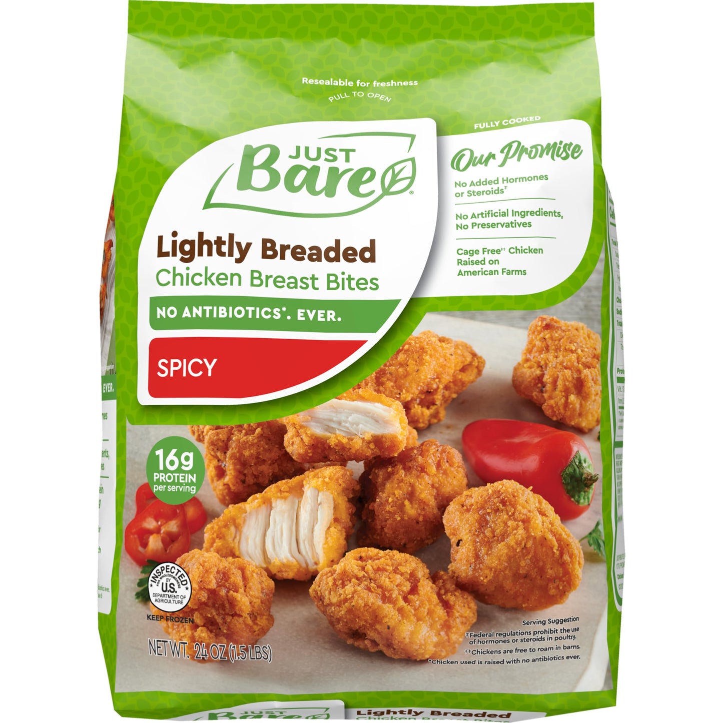 Just Bare Chicken Lightly Breaded Spicy Breast Bites | Fully Cooked |16 G Protein | Frozen | 1.50 LB