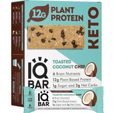 Iqbar Brain And Body Keto Protein Bars - New Toasted Coconut Chip - 12-Count Energy Bar Pack - Low Carb Protein Bars - High Fibe