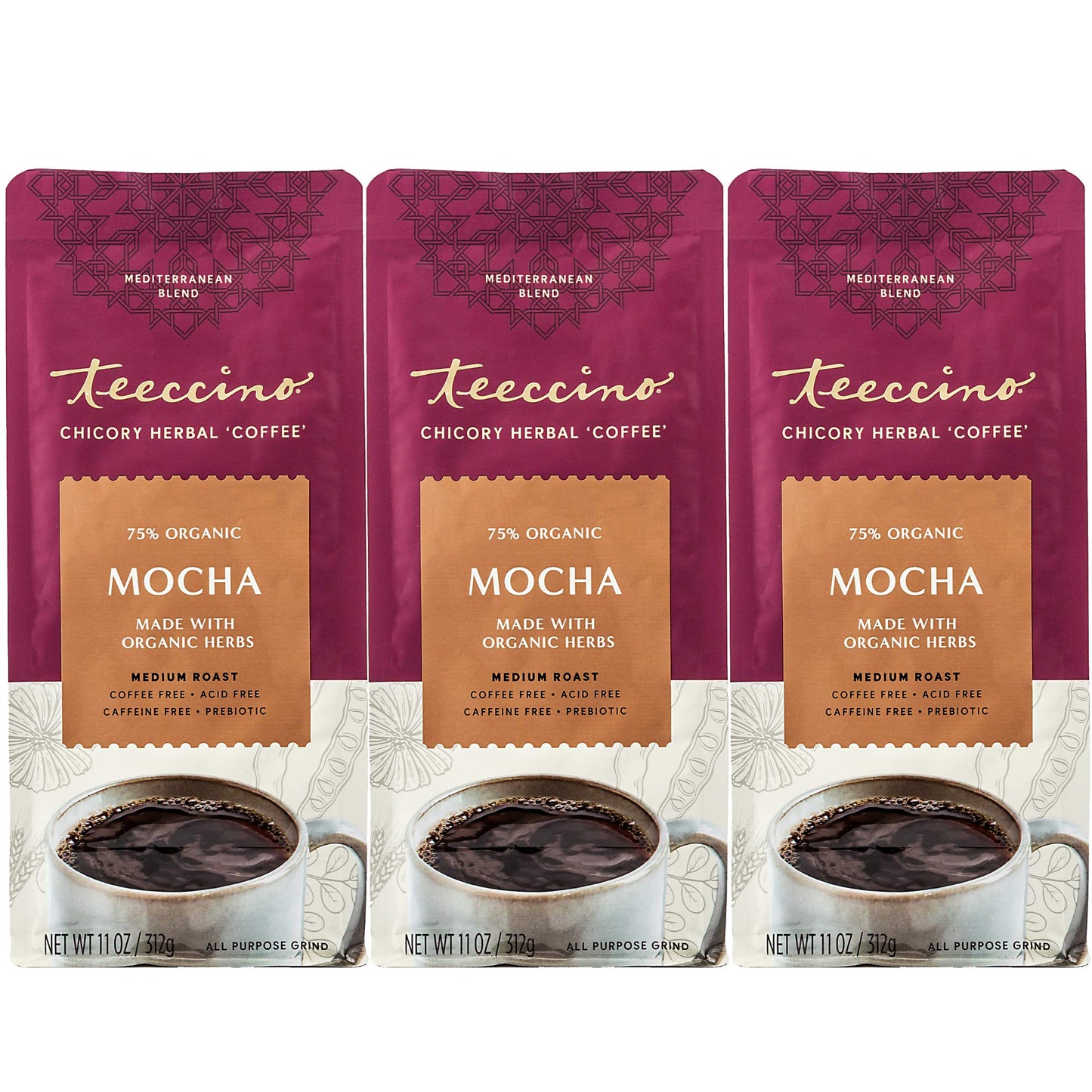 Teeccino Mocha Chicory Coffee Alternative, Caffeine-Free, Medium Roast, 11 Ounce (Pack of 3)