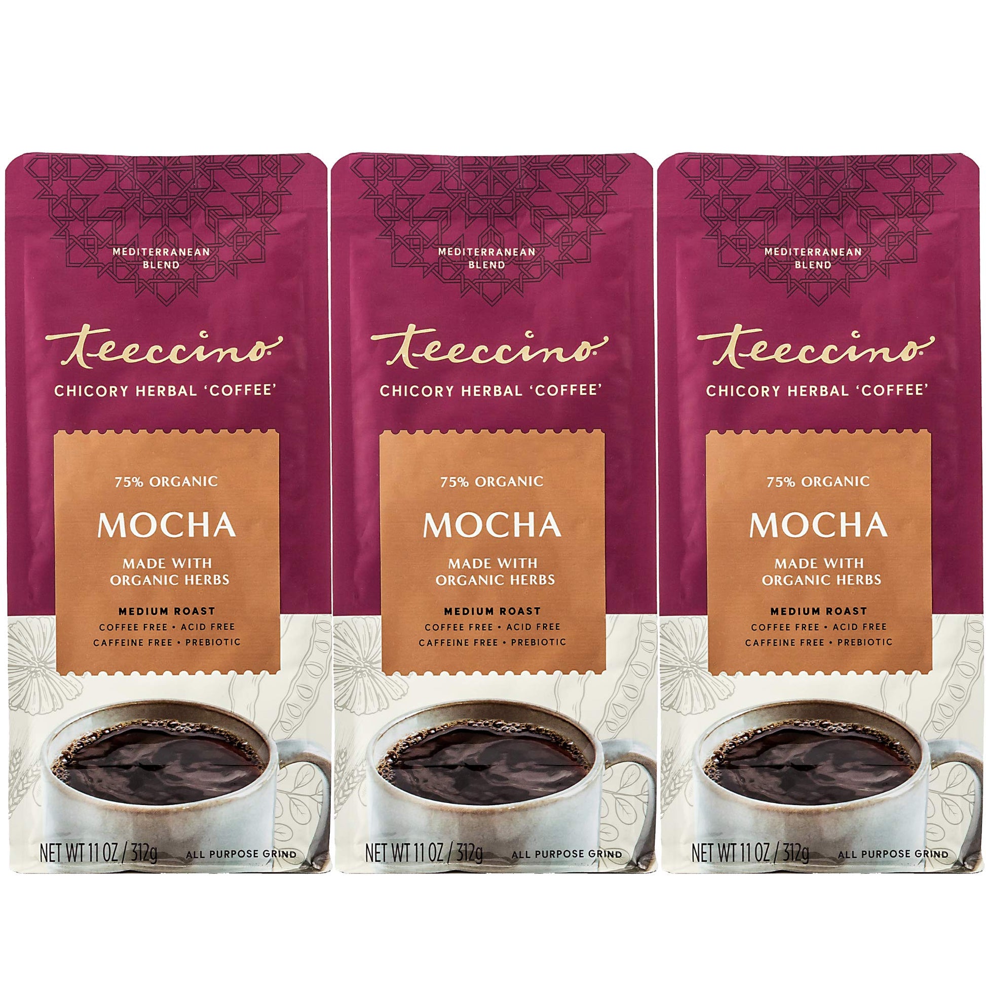 Teeccino Mocha Chicory Coffee Alternative, Caffeine-Free, Medium Roast, 11 Ounce (Pack of 3)