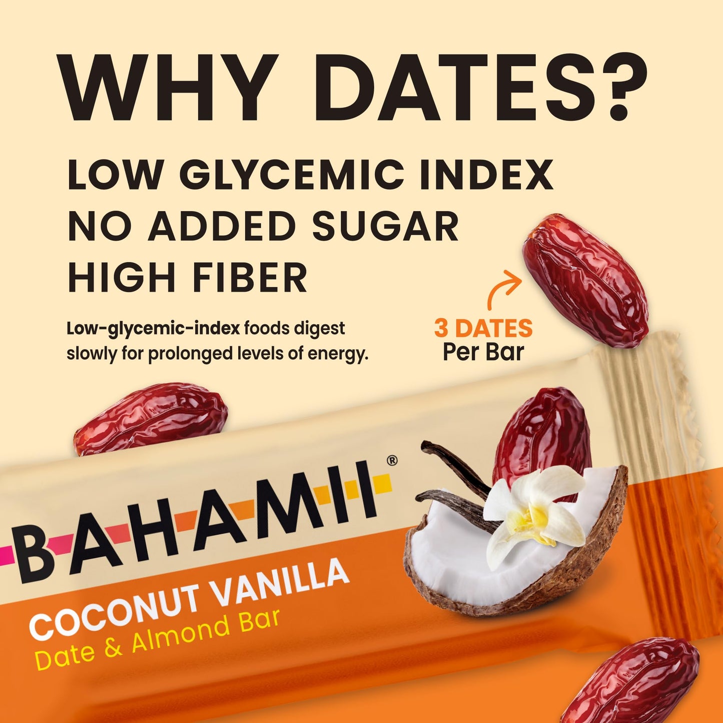 Bahamii Snack Bars, Dates & Nuts, Gluten Free, Vegan, 12 Pack, No Added Sugar, Good Source of Fiber, Coconut Vanilla