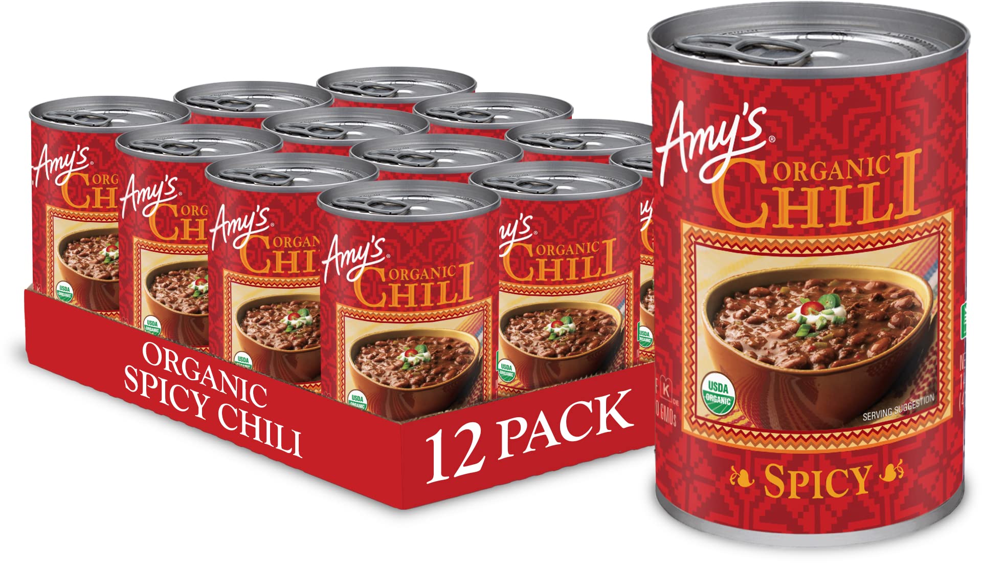 Amy's Organic Chili, Vegan Spicy Chili, Gluten Free, Made With Red Beans and Tofu, 14.7 Oz (12 Pack)
