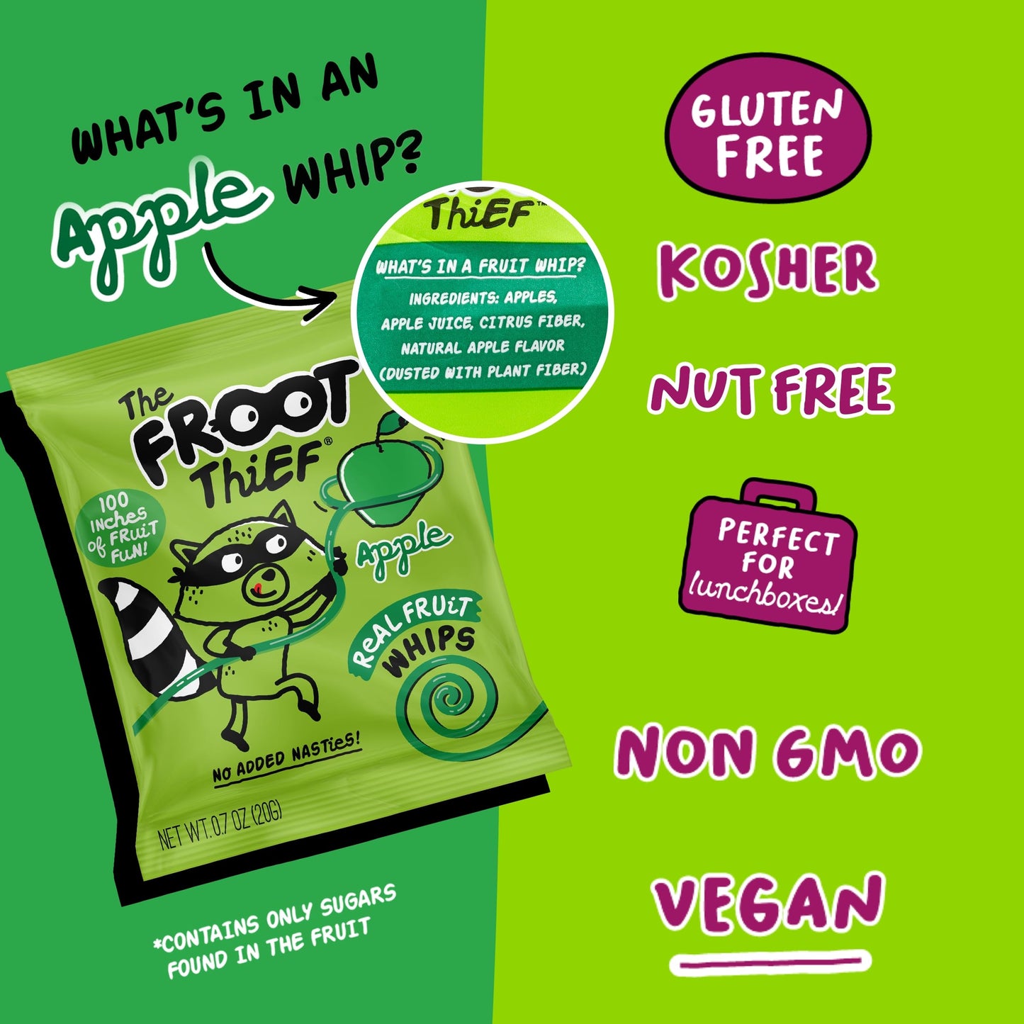 The Froot Thief Real Fruit Snack Whips, Apple, Nut Free, Perfect For School Lunches And Snacks, Individual Bags Kids Snacks, 5 P