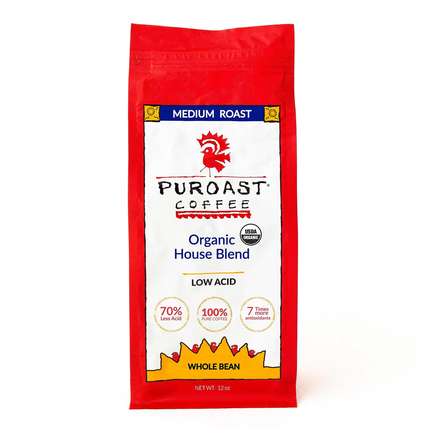 Puroast Coffee Low Acid Whole Bean Coffee, Organic House Blend, 12 Ounce Bag, Red, Model 0732148350326