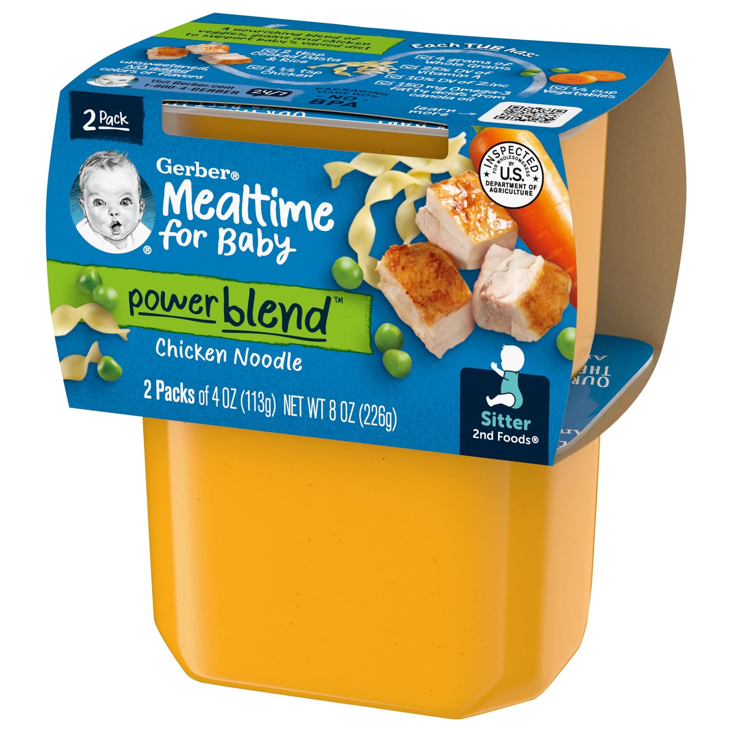 Gerber Mealtime For Baby 2Nd Foods Powerblend Baby Food Tubs, Chicken Noodle, Unsweetened With No Added Colors Or Flavors, 2-4 Oz Tubs/Pack (Pack Of 8)