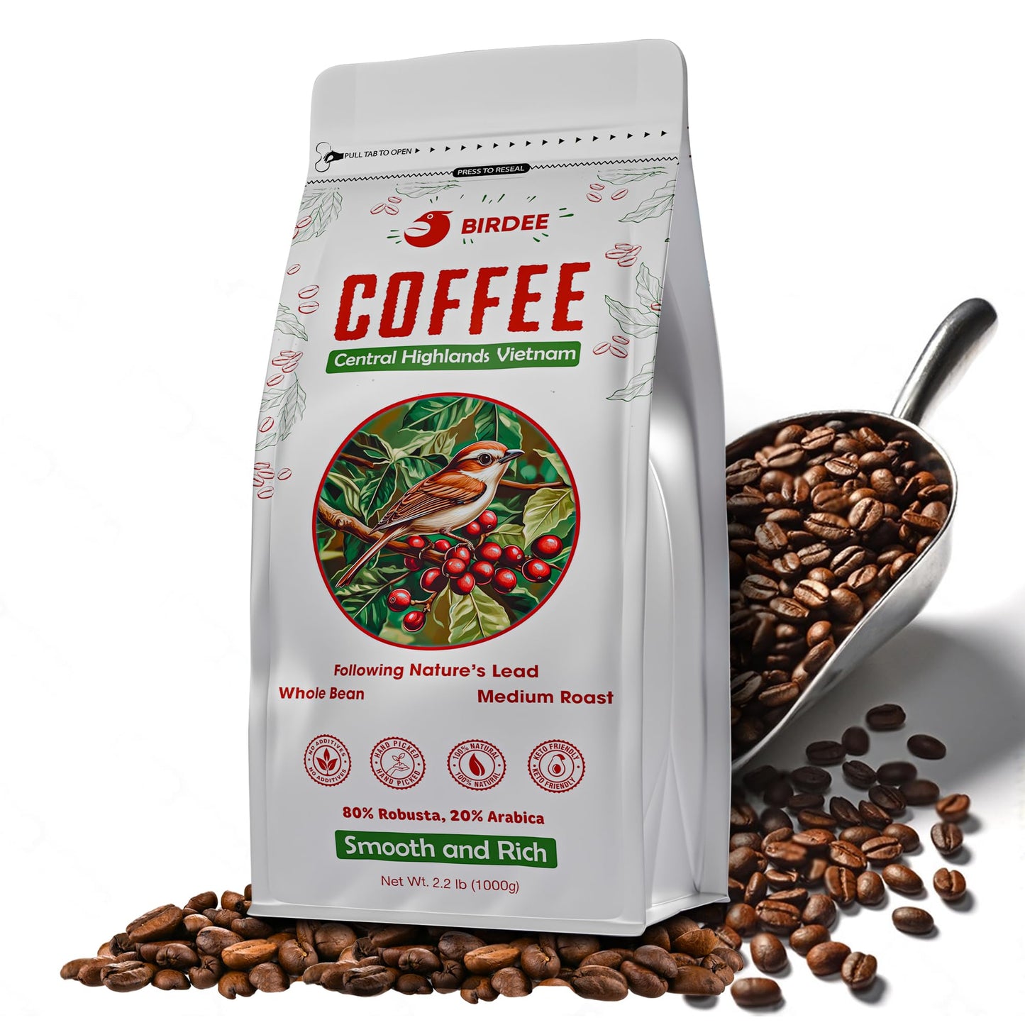 Birdee Vietnamese Coffee Beans - Medium Roast Robusta Arabica Blend, 2.2 LB, Whole Bean, Low Acidity, Fresh Resealable Bag