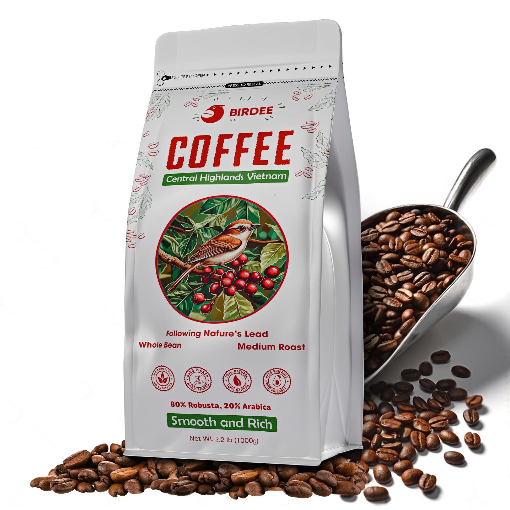 Birdee Vietnamese Coffee Beans - Medium Roast Robusta Arabica Blend, 2.2 LB, Whole Bean, Low Acidity, Fresh Resealable Bag