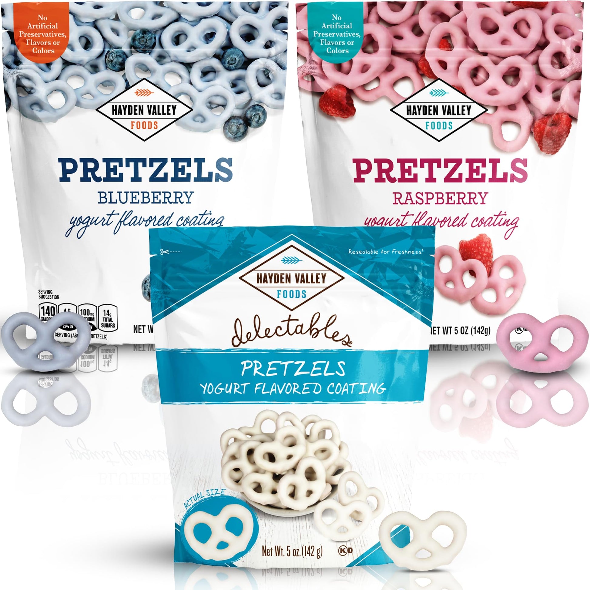 Hayden Valley Foods Yogurt Flavored Covered Pretzel Variety Pack | 5 oz Bags (Pack of 3) | Raspberry, Blueberry and Vanilla | Go
