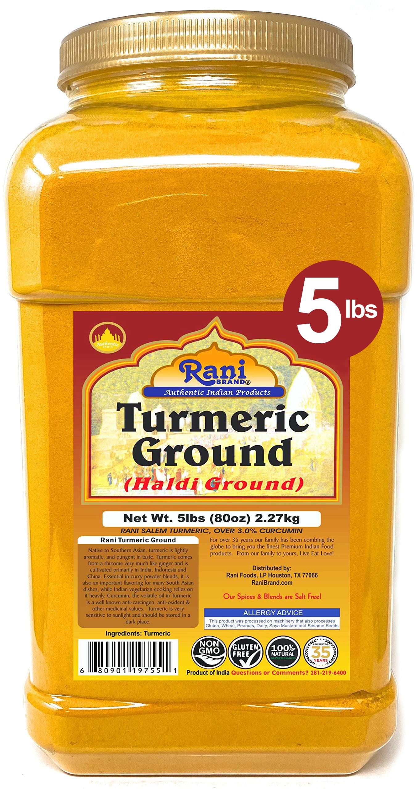 Rani Turmeric (Haldi) Root Powder Spice, (High Curcumin Content) 80Oz (5Lbs) 227Kg Bulk Pet Jar All Natural 100 Pure, Salt Free